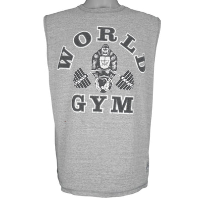 Vintage - Grey World Gym Big Spell-Out Sleeveless Shirt 1990s  Large