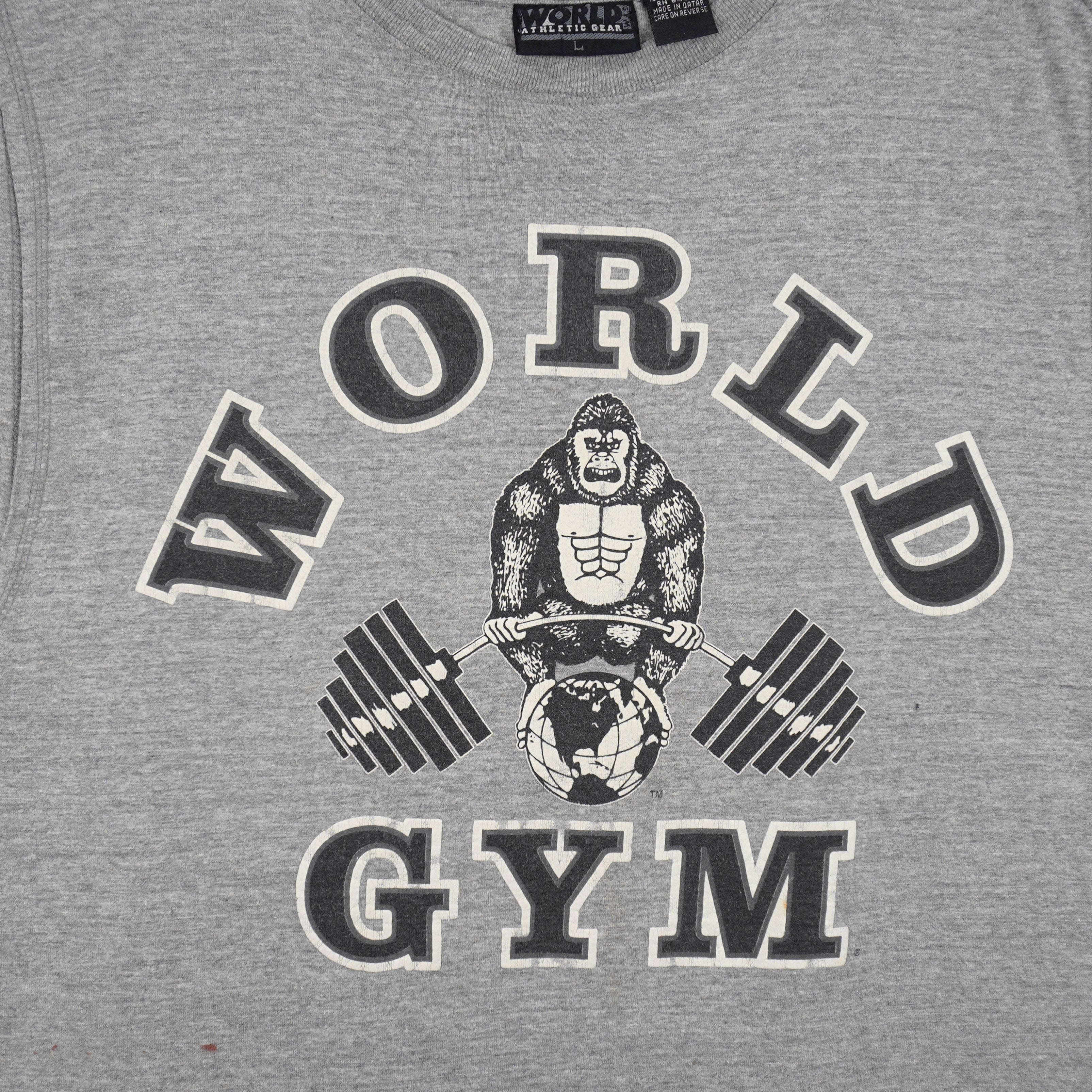 Vintage - Grey World Gym Big Spell-Out Sleeveless Shirt Large Vintage Retro