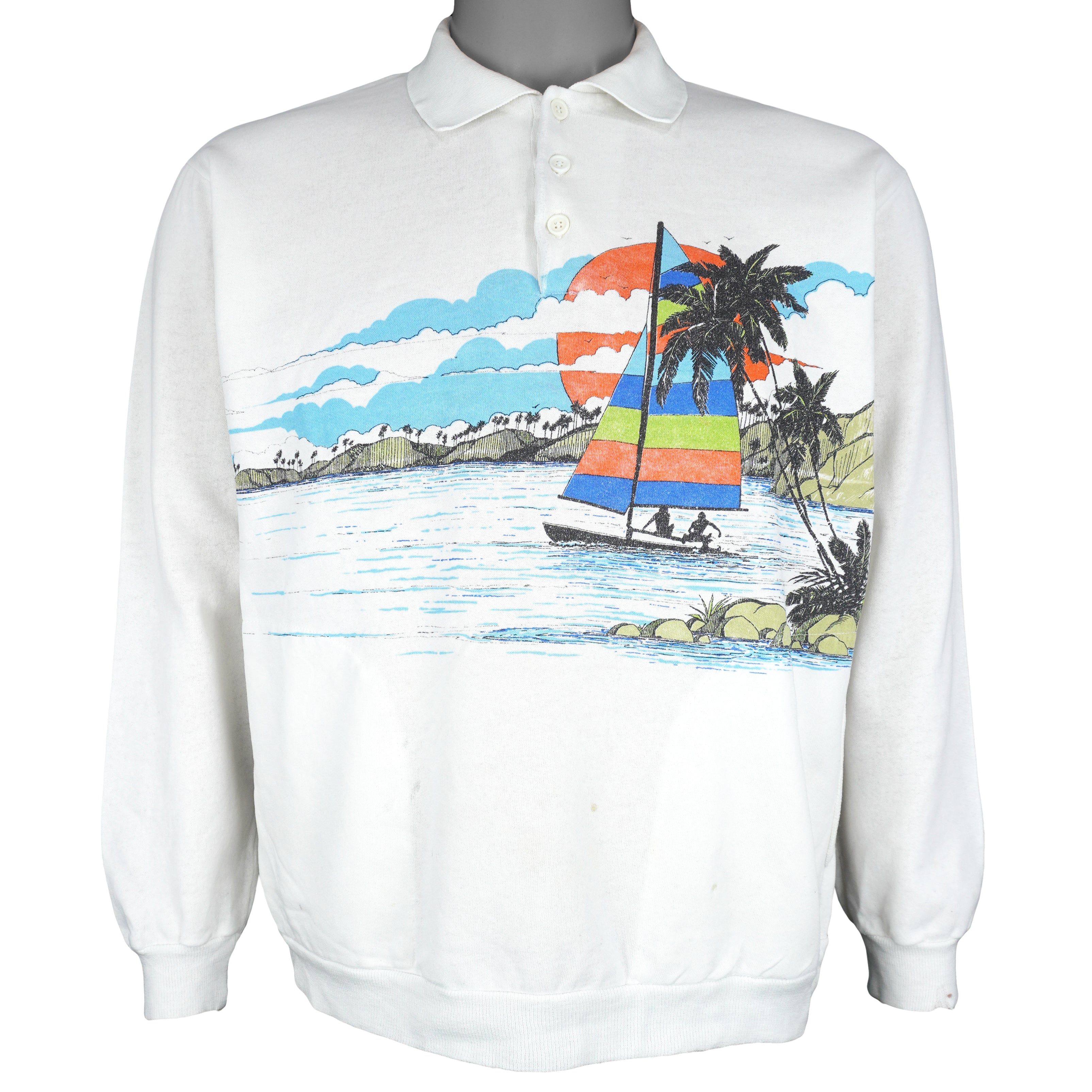 Vintage - Beach Sea Sailing 1/4 Button-Up Sweatshirt 1990s Large 