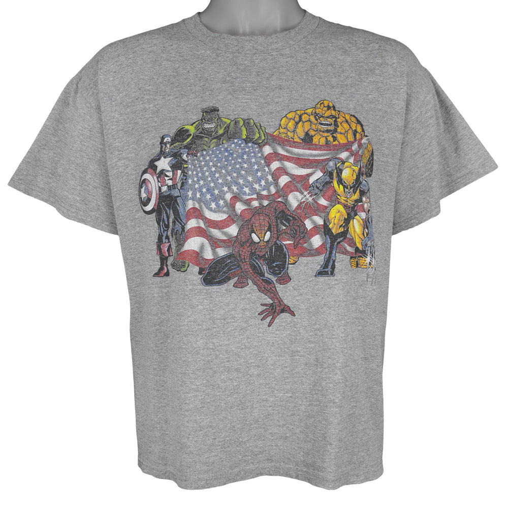 Marvel (Delta) - Superheroes USA Flag Printed T-Shirt 2001 Large Vintage Retro