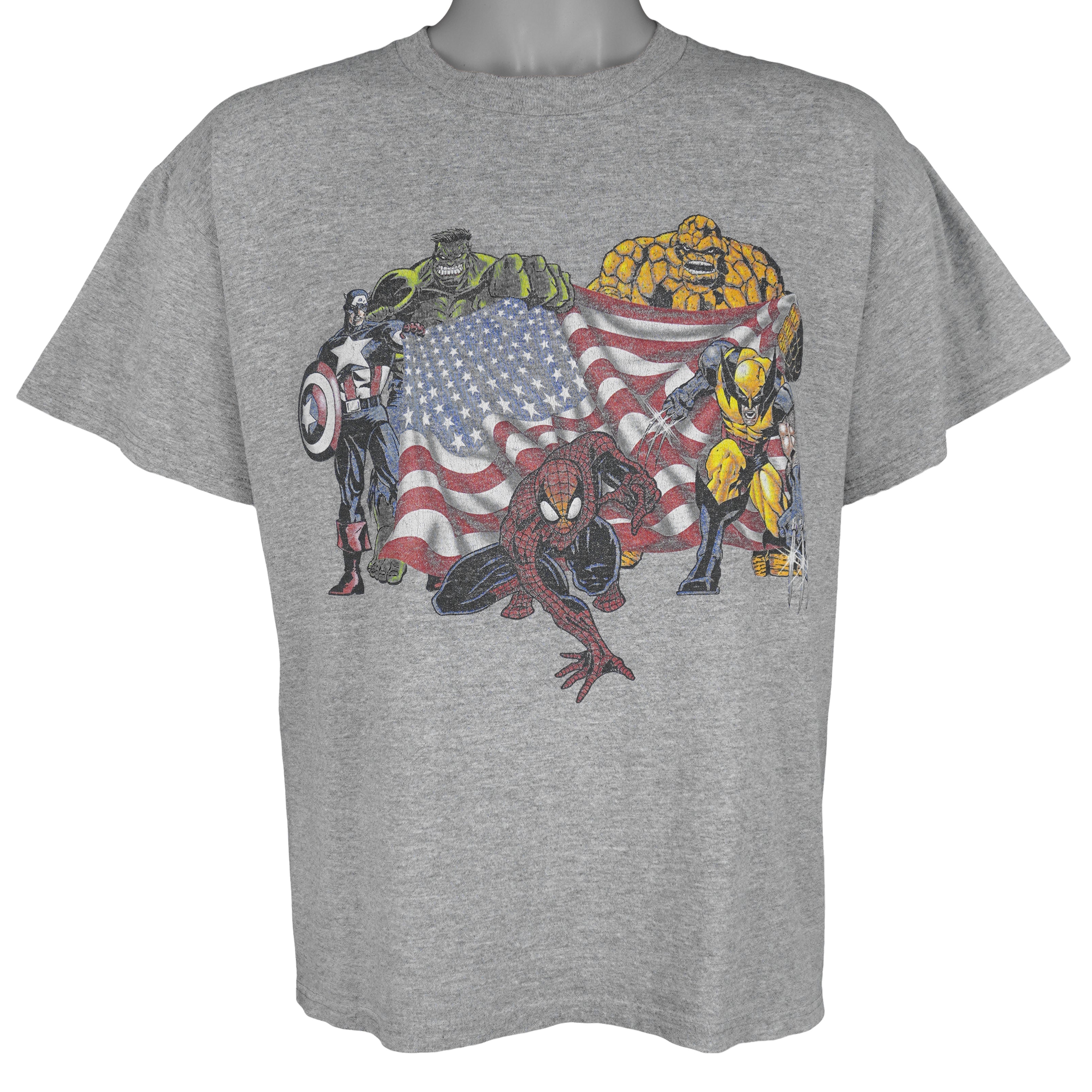 Marvel (Delta) - Superheroes USA Flag Printed T-Shirt 2001 Large Vintage Retro