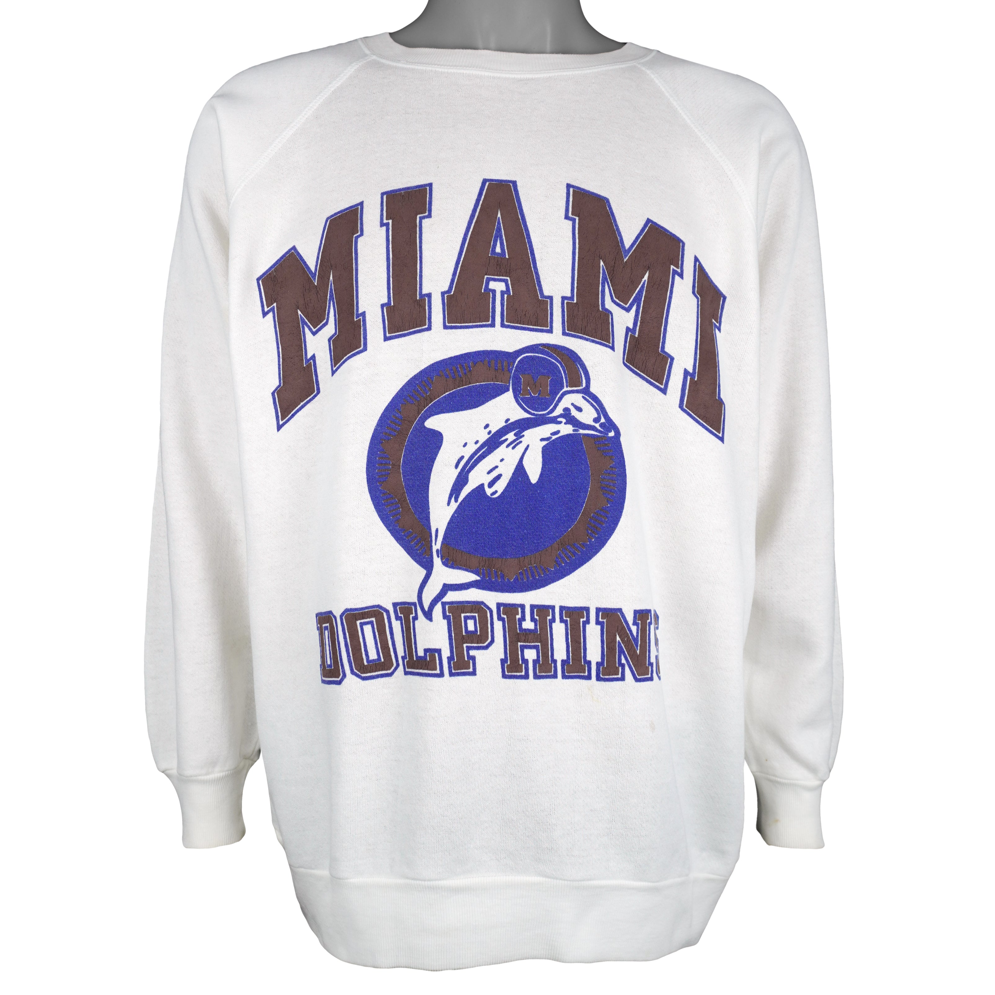 NFL (Caliber) - Miami Dolphins Spell-Out crew Neck Sweatshirt 1990s X-Large Vitage Retro Football