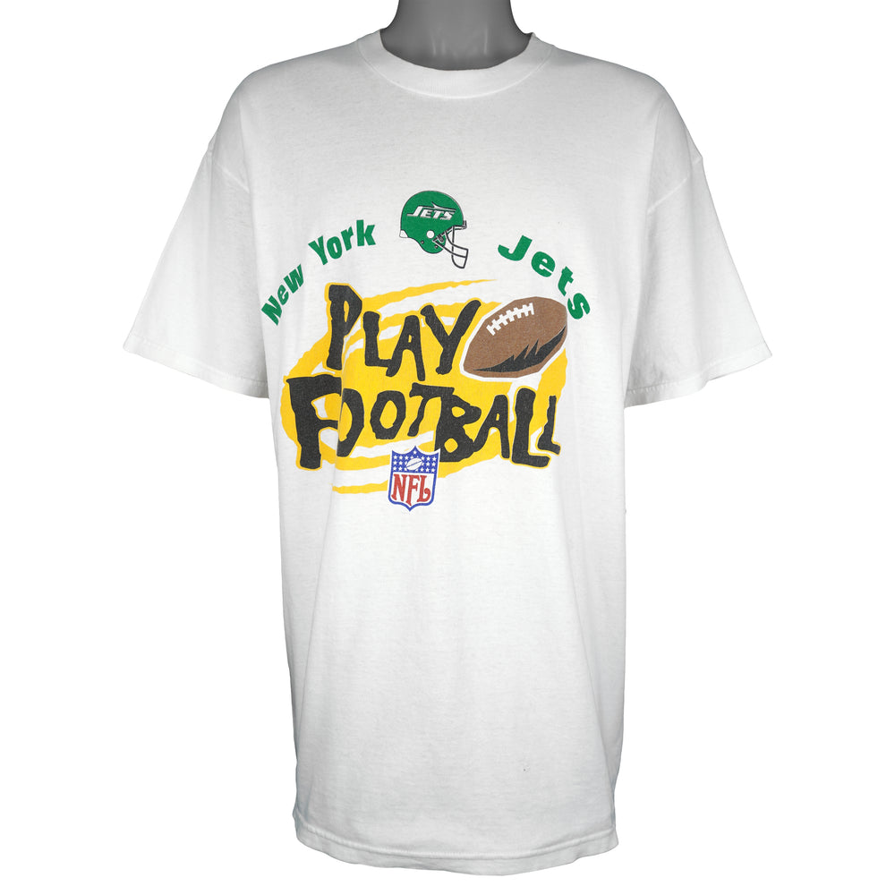 Vintage NFL (Logo Athletic) - New York Jets Play Football T-Shirt 1990s X-Large in white