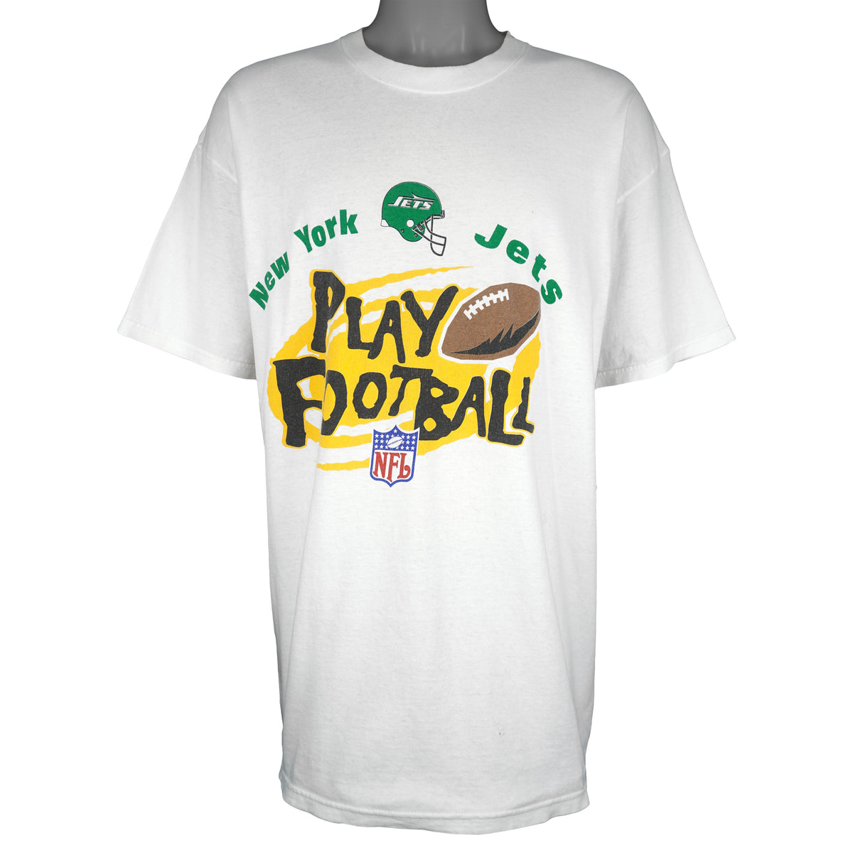 Vintage NFL (Logo Athletic) - New York Jets Play Football T-Shirt 1990s X-Large in white