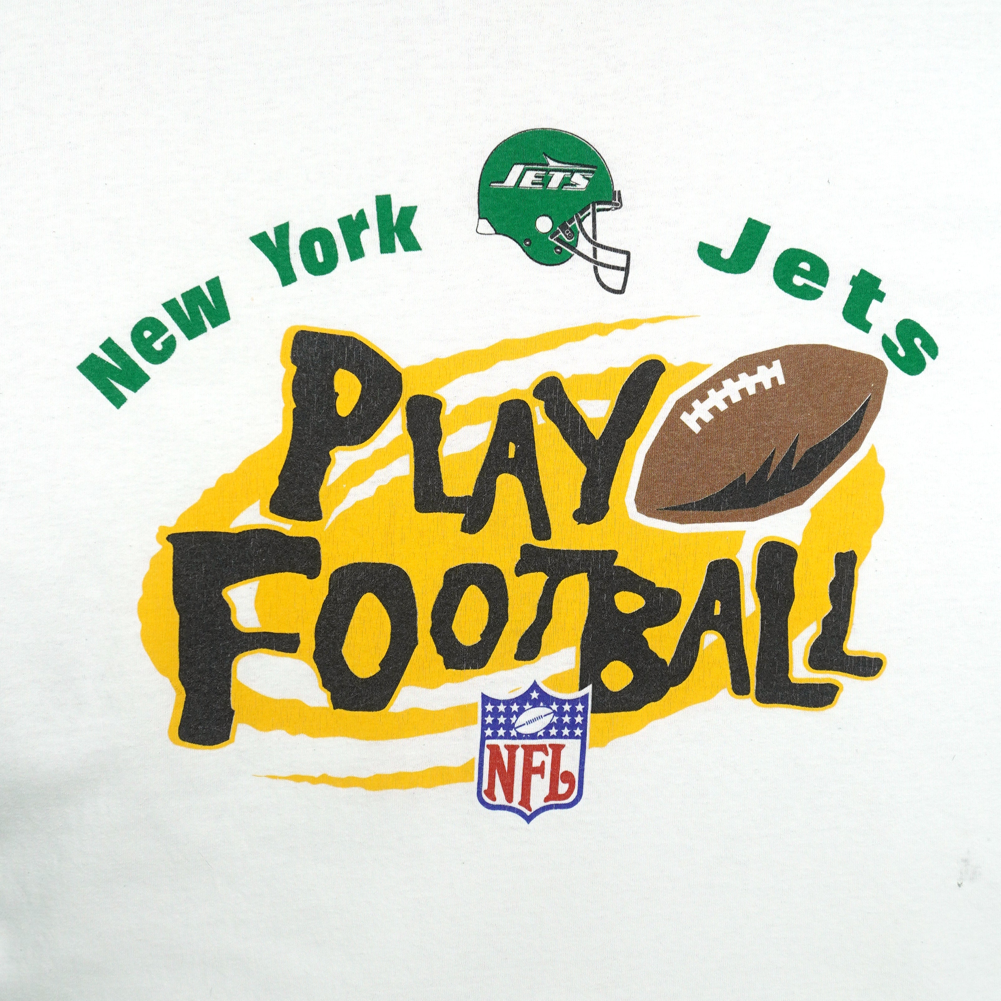 Vintage NFL (Logo Athletic) - New York Jets Play Football T-Shirt 1990s X-Large in white