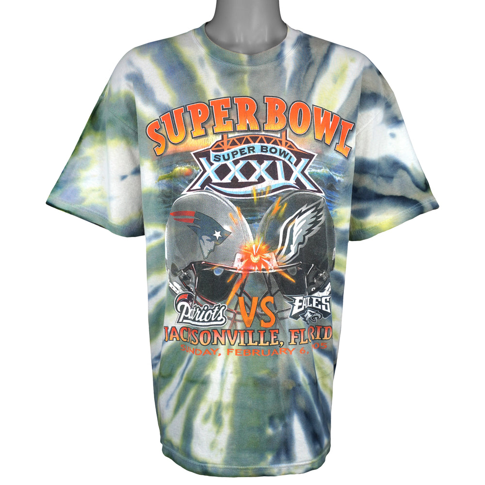 NFL (Jerzees) - Super Bowl Patriots Vs Eagles Matchups Tie Dye T-Shirt 2005 X-Large Vintage Retro Football