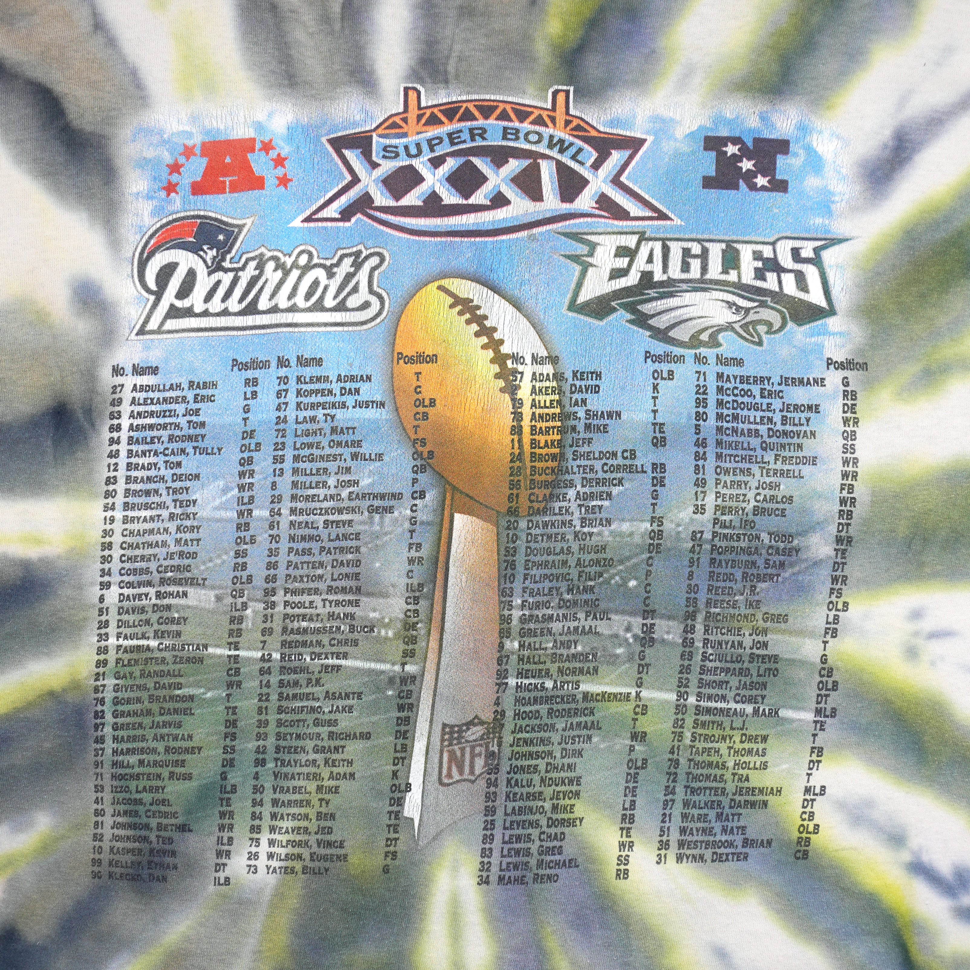 NFL (Jerzees) - Super Bowl Patriots Vs Eagles Matchups Tie Dye T-Shirt 2005 X-Large Vintage Retro Football