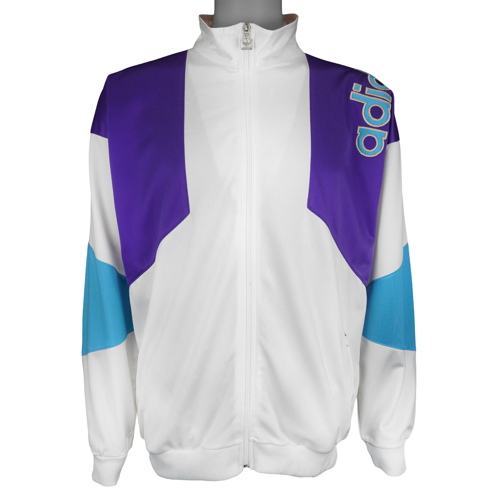 Adidas - White, Purple & Blue Colorblock Track Jacket 1990s Large Vintage Retro