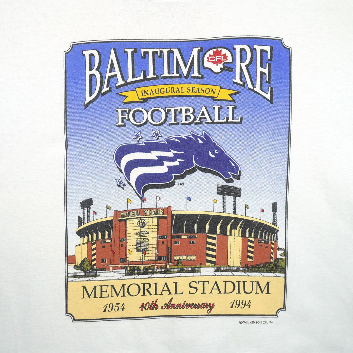 Vintage CFL (Delta) - Baltimore Stallions Inaugural Season T-Shirt 1994 X-Large in white