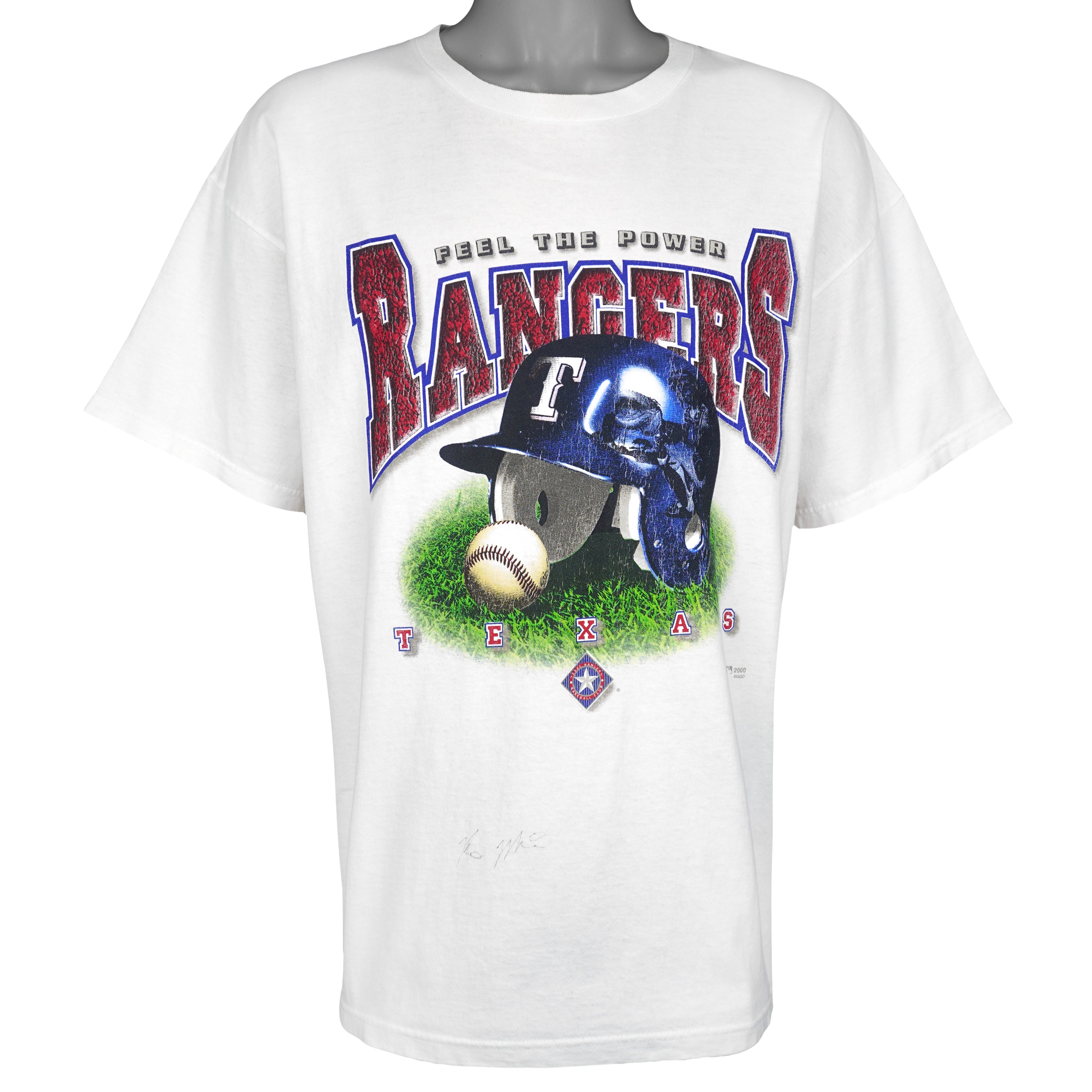MLB (Aaron) - Texas Rangers Baseball Helmet T-Shirt 2000 X-Large Vintage Retro Baseball