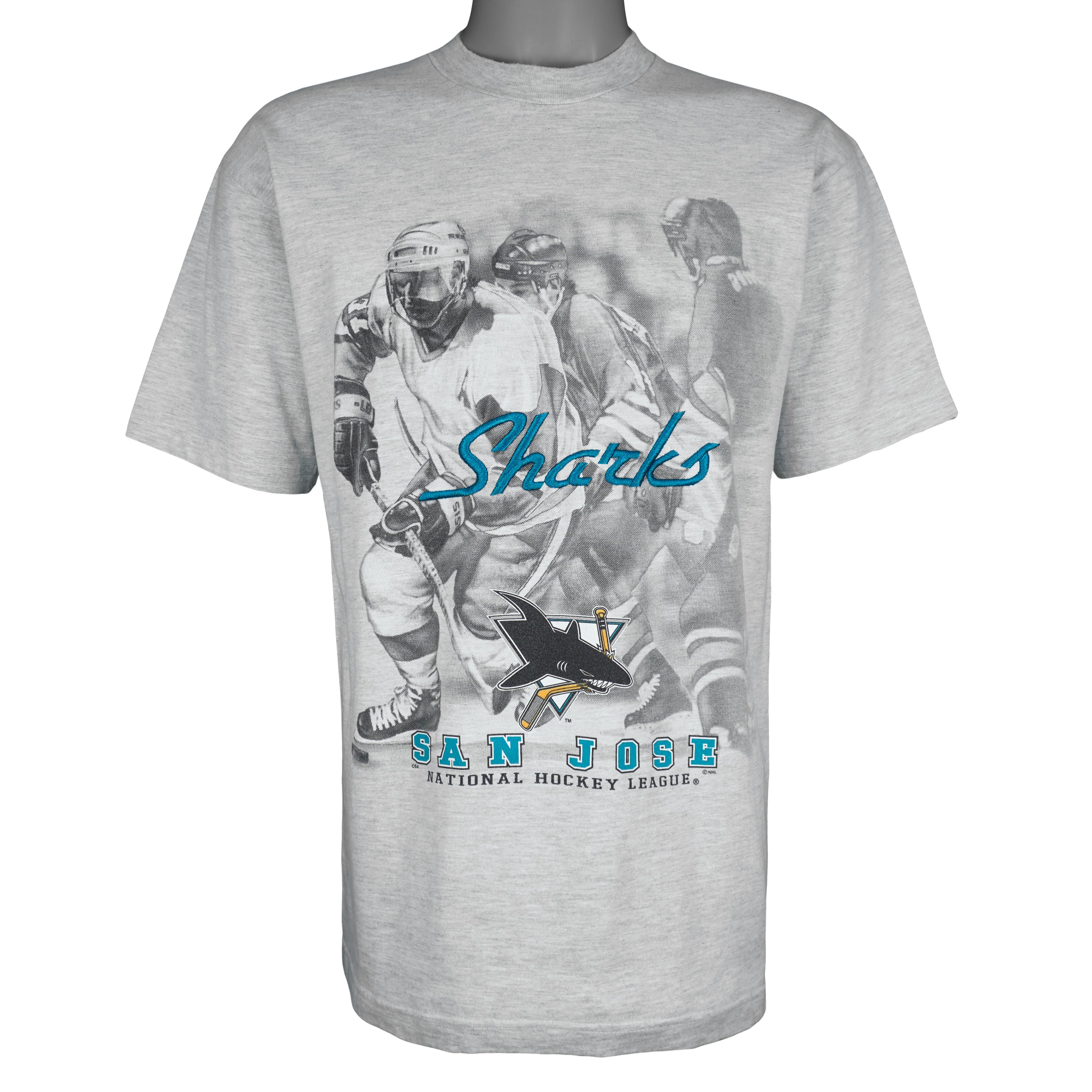 NHL (Tour Champ) - San Jose Sharks Spell-Out T-Shirt 1990s Large Vintage Retro Hockey