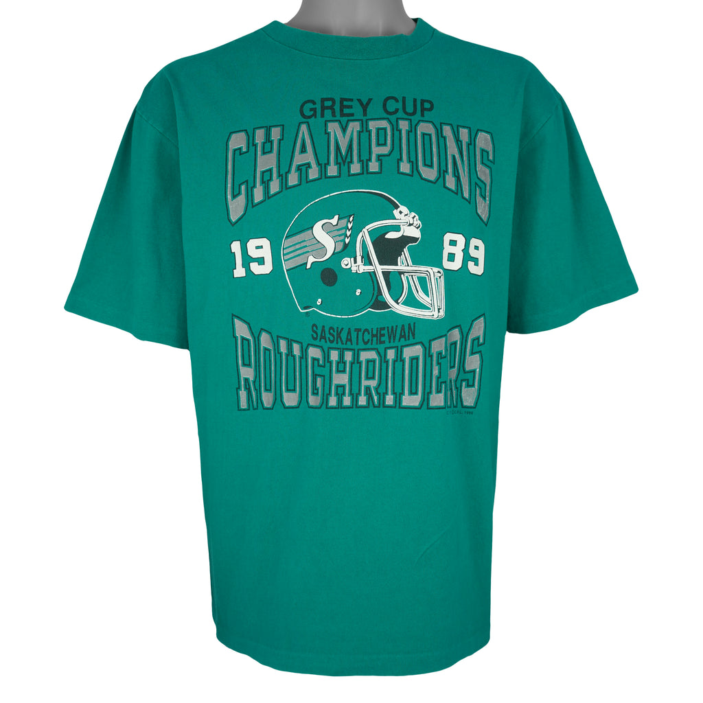 CFL (Waves) - Saskatchewan Roughriders Grey Cup Champions T-Shirt 1989 Large Vintage Retro Football