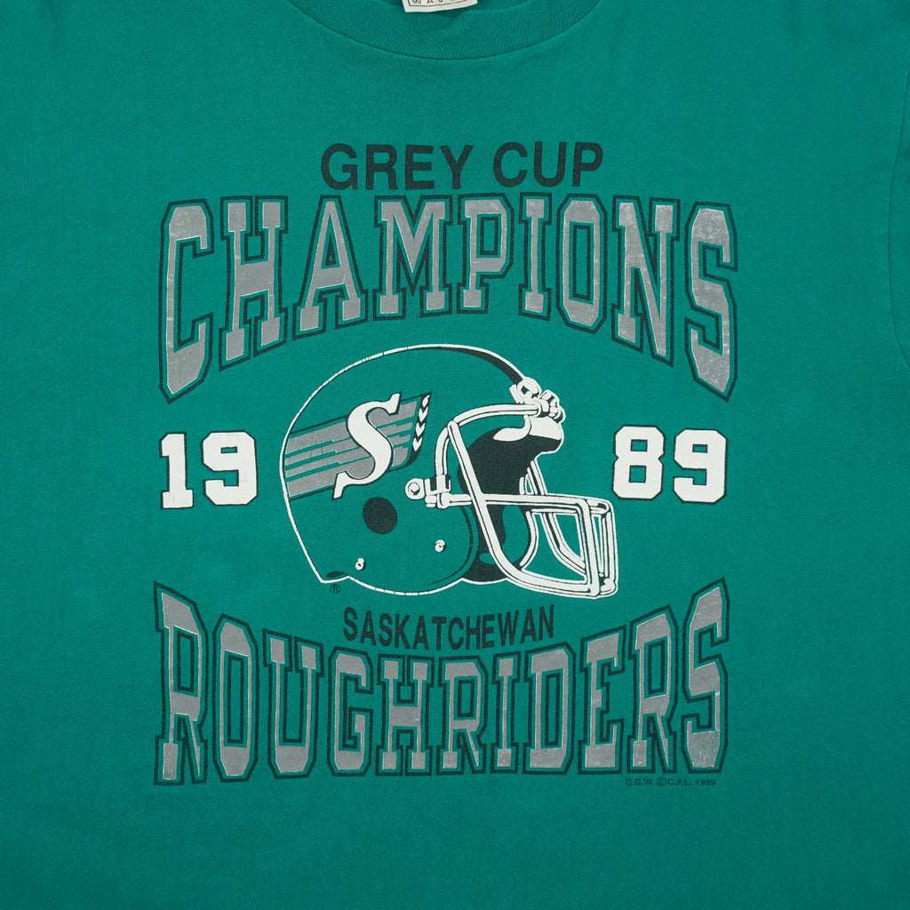 CFL (Waves) - Saskatchewan Roughriders Grey Cup Champions T-Shirt 1989 Large Vintage Retro Football