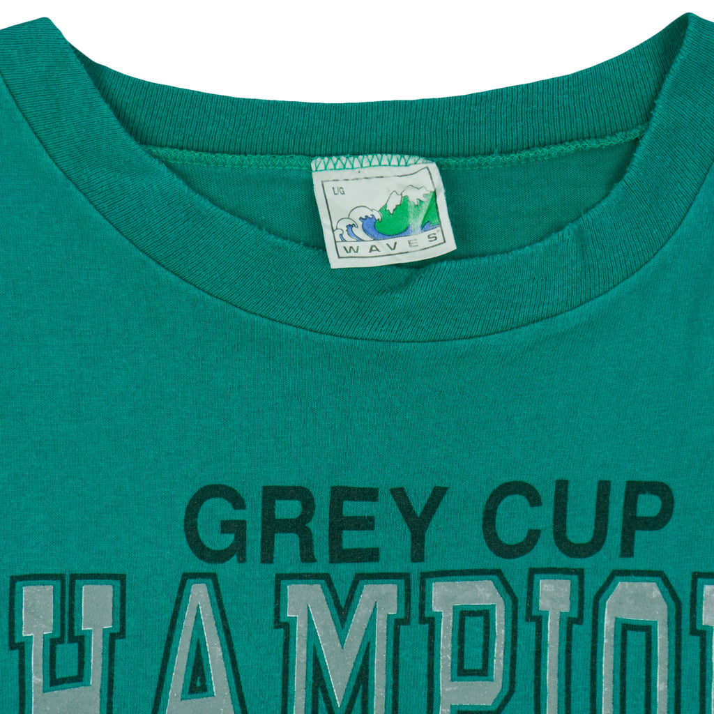 CFL (Waves) - Saskatchewan Roughriders Grey Cup Champions T-Shirt 1989 Large Vintage Retro Football