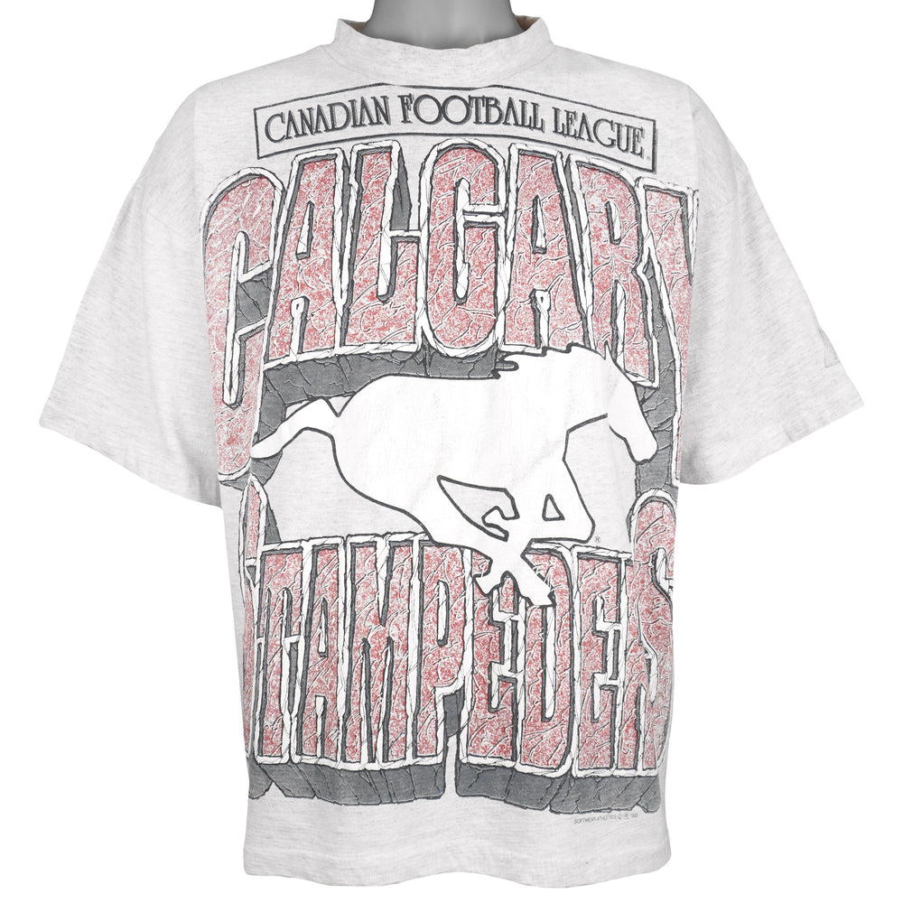 CFL (Softwear) - Calgary Stampeders Crackle Spell-Out T-Shirt 1993 Large Vintage Retro Football