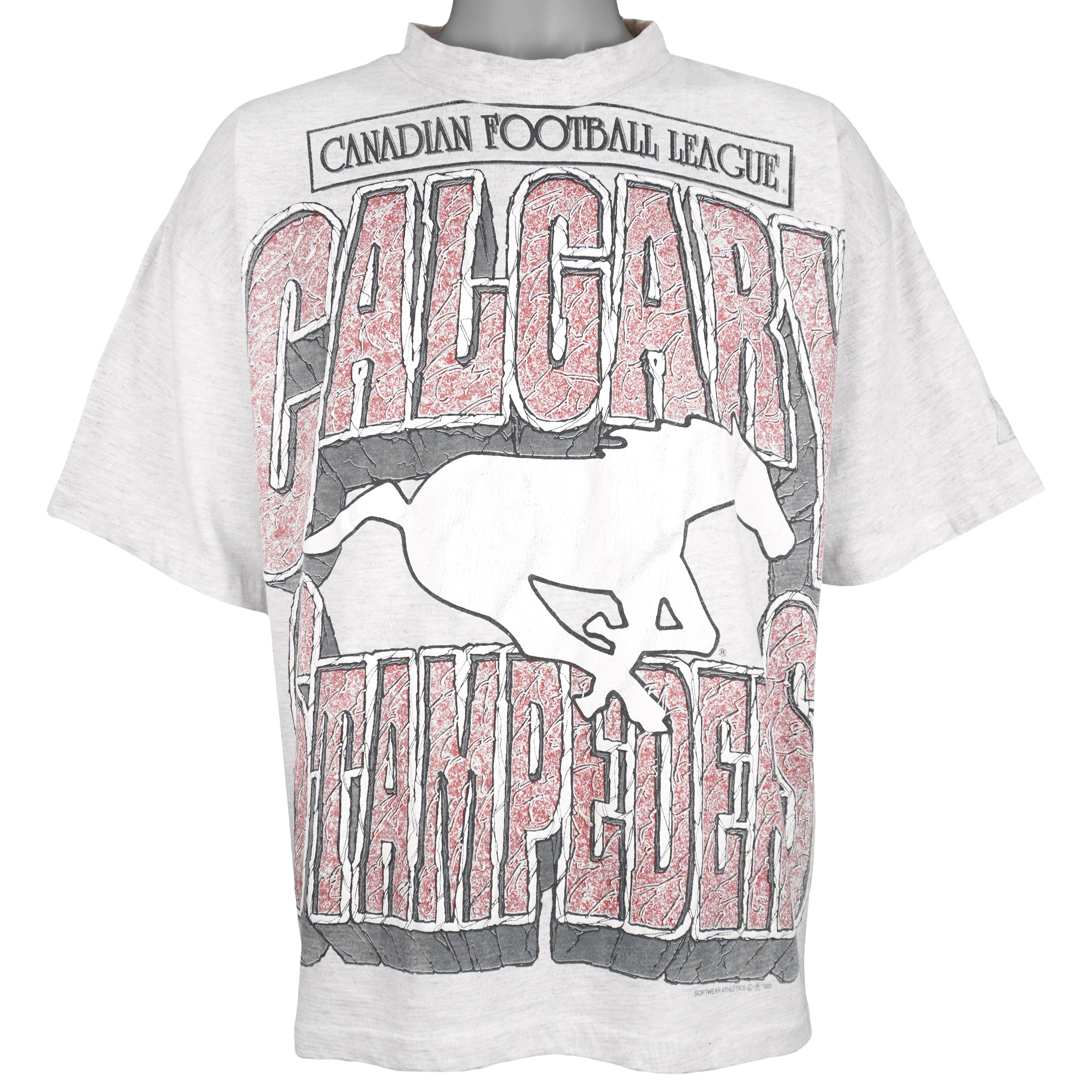 CFL (Softwear) - Calgary Stampeders Crackle Spell-Out T-Shirt 1993 Large Vintage Retro Football