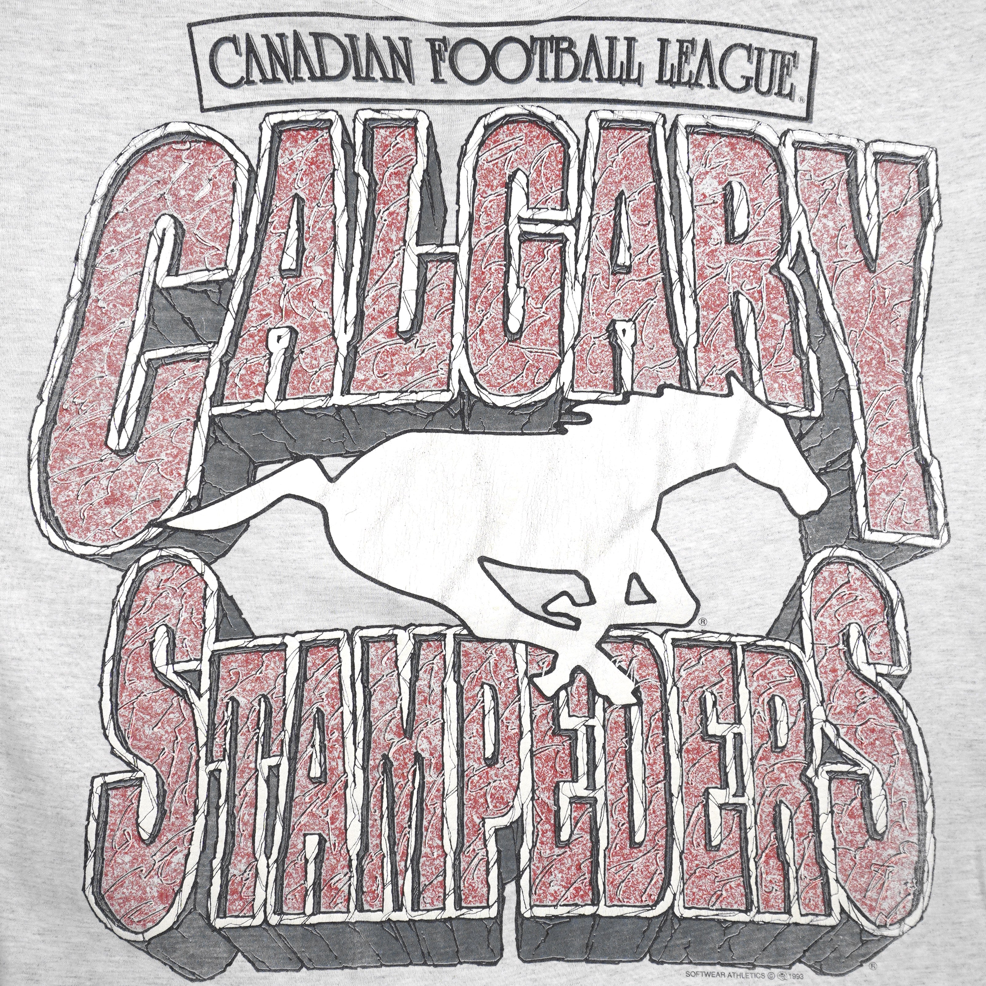 CFL (Softwear) - Calgary Stampeders Crackle Spell-Out T-Shirt 1993 Large Vintage Retro Football