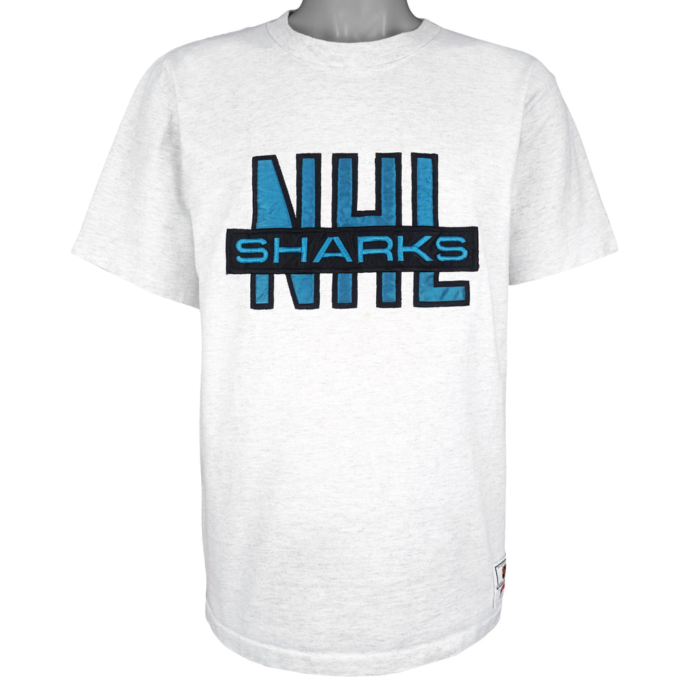 NHL (Nutmeg) - San Jose Sharks Big Spell-Out T-Shirt 1990s Large Vintage Retro Hockey
