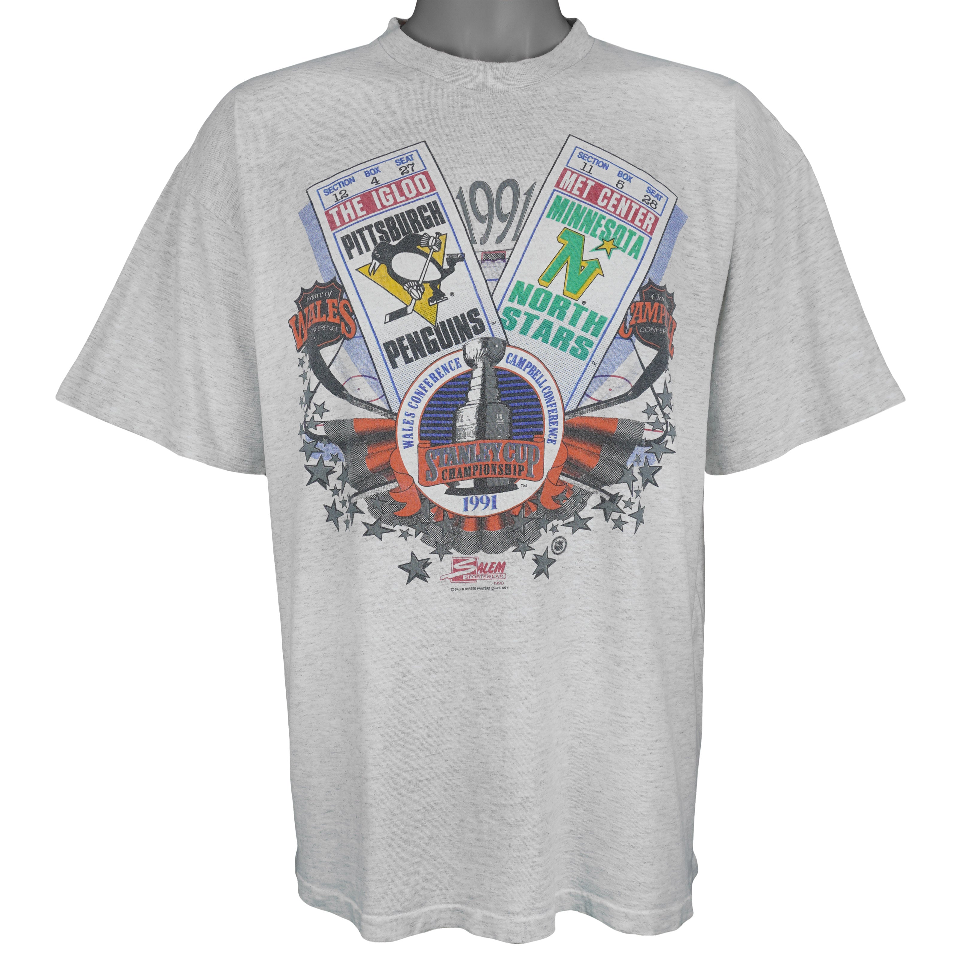 NHL (Salem) - Stanley Cup Penguins Vs North Stars Tickets T-Shirt 1991 X-Large Vintage Retro Hockey