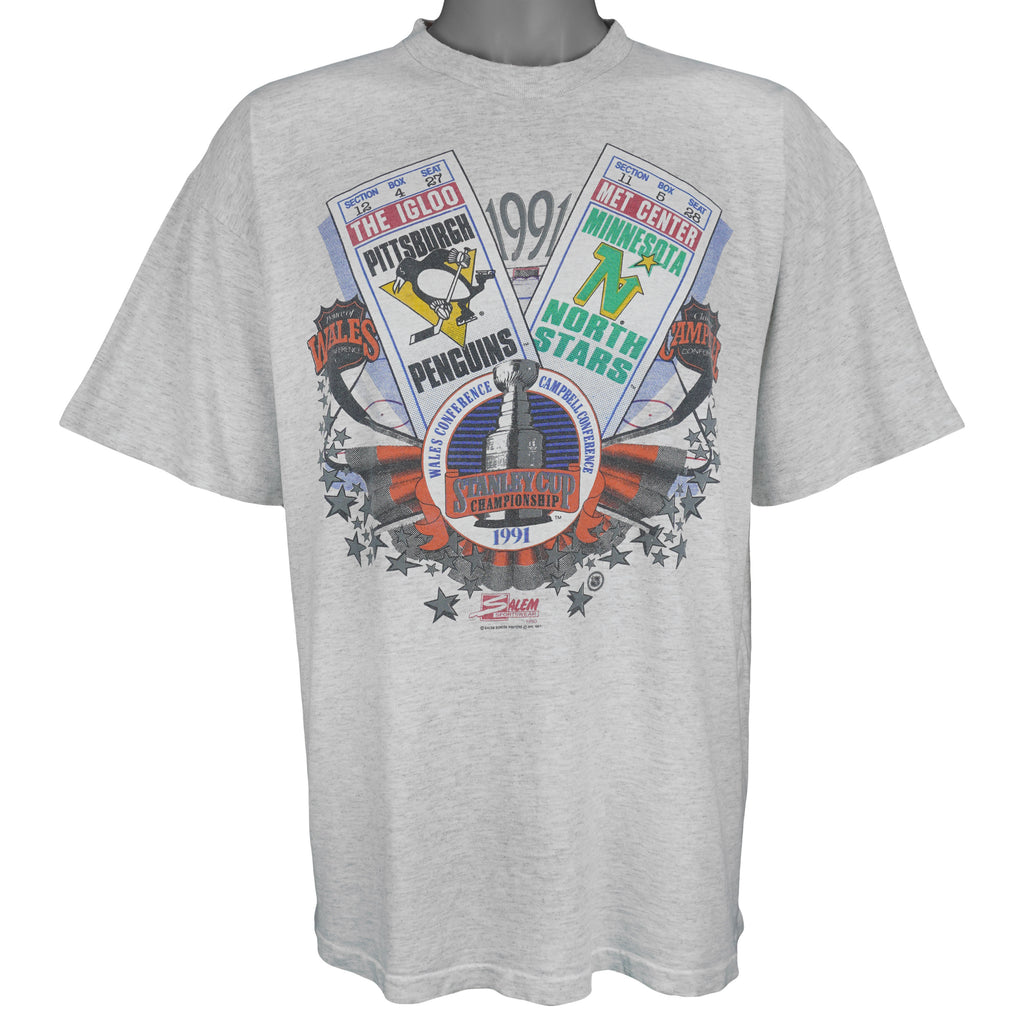 NHL (Salem) - Stanley Cup Penguins Vs North Stars Tickets T-Shirt 1991 X-Large Vintage Retro Hockey