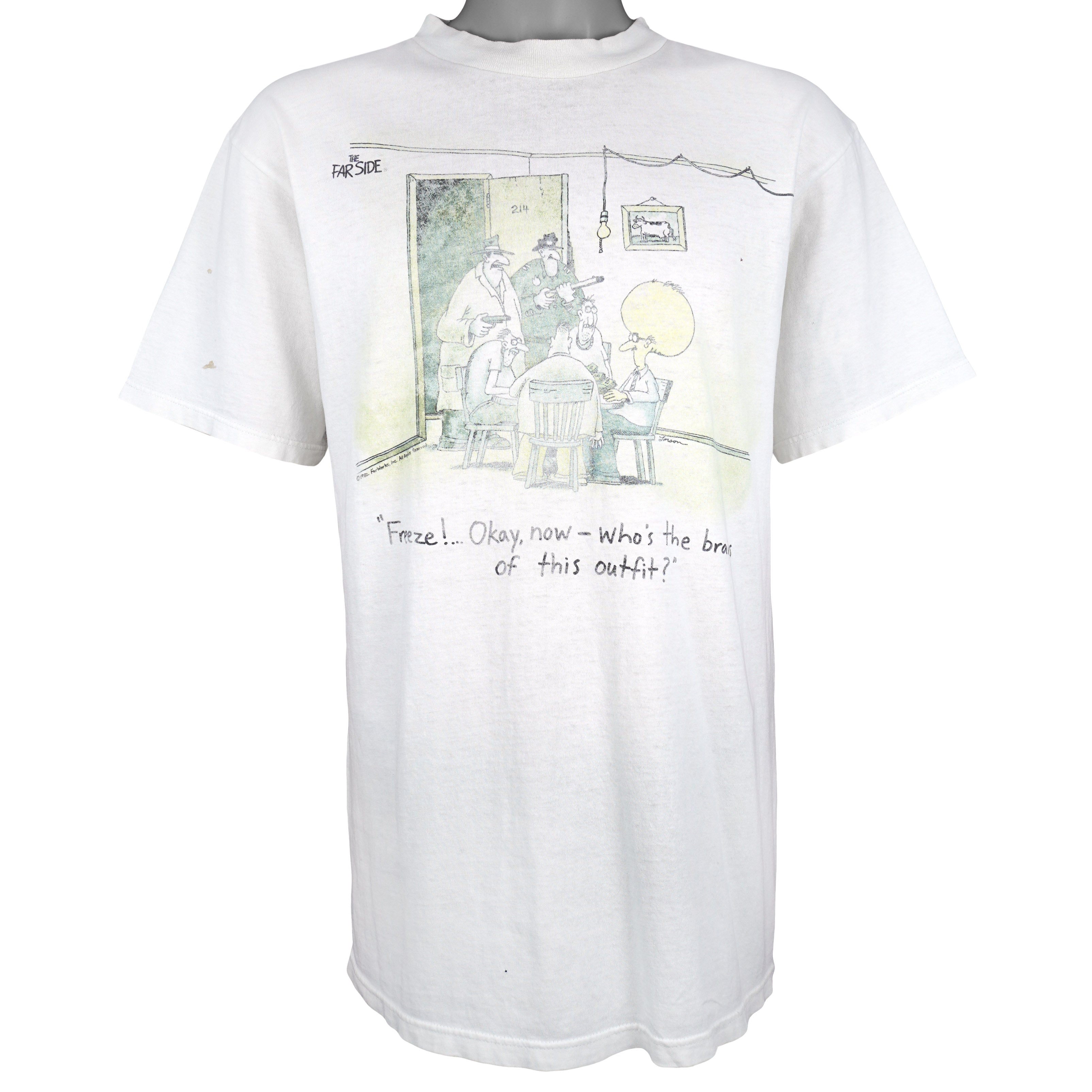 Vintage (The Far Side) - Freeze!... Okay, Now – Who's The Brains Of This Outfit? T-Shirt 1982 Large Vintage Retro