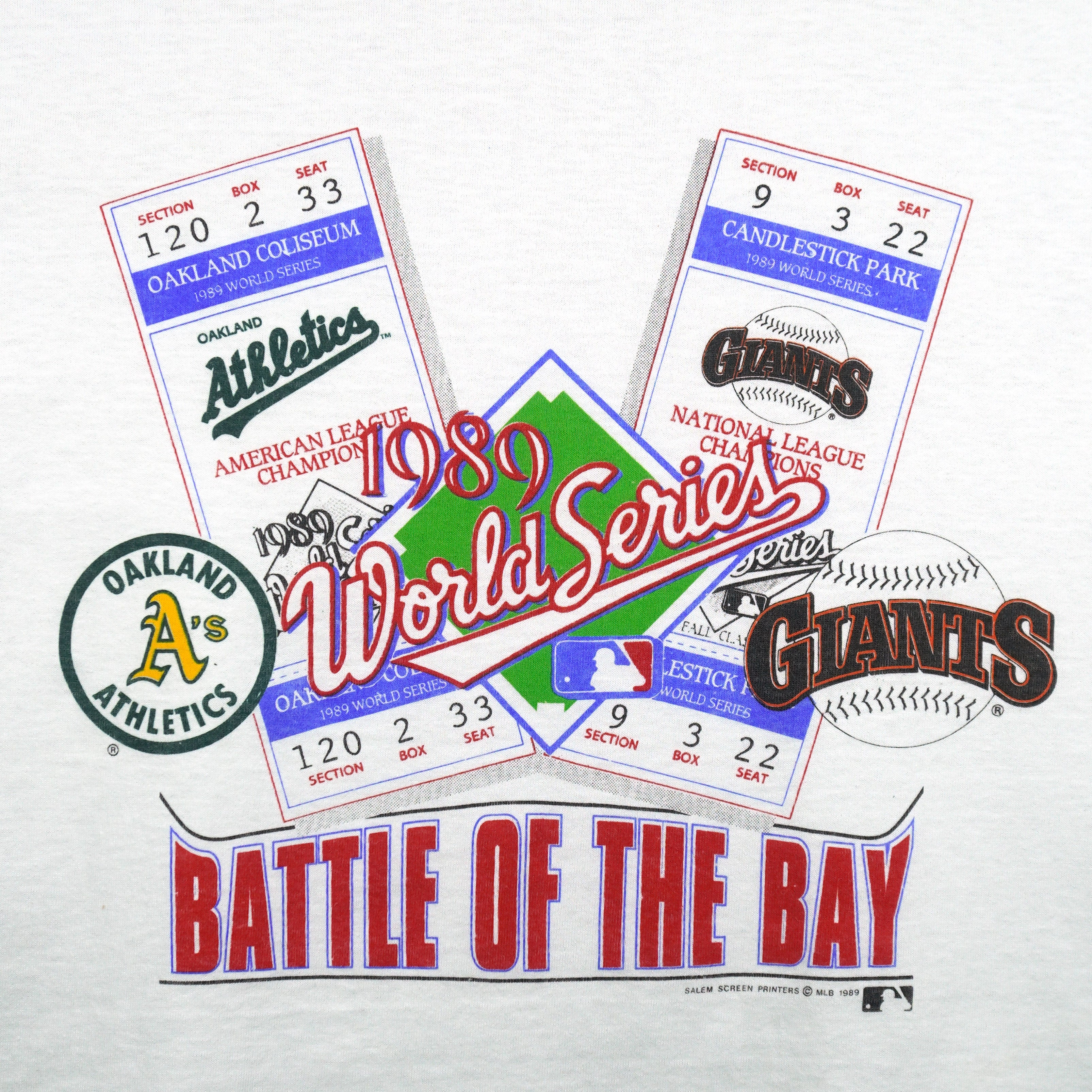 MLB (Salem) - San Francisco Giants VS Oakland Athletics Matchups Tickets T-Shirt 1989 Large Vintage Retro Baseball