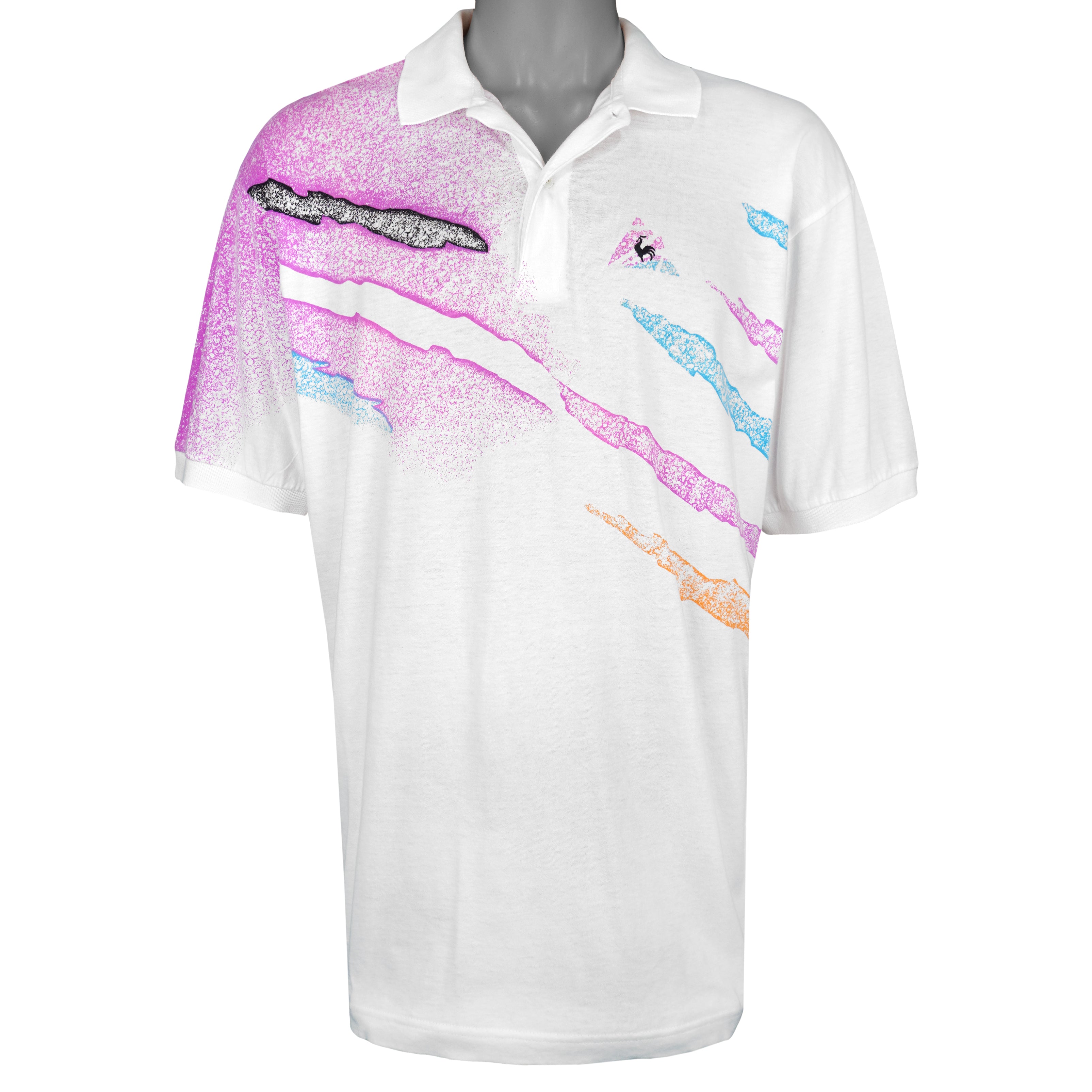 Le Coq Sportif - White Abstract Polo Shirt 1990s Large Vintage Retro