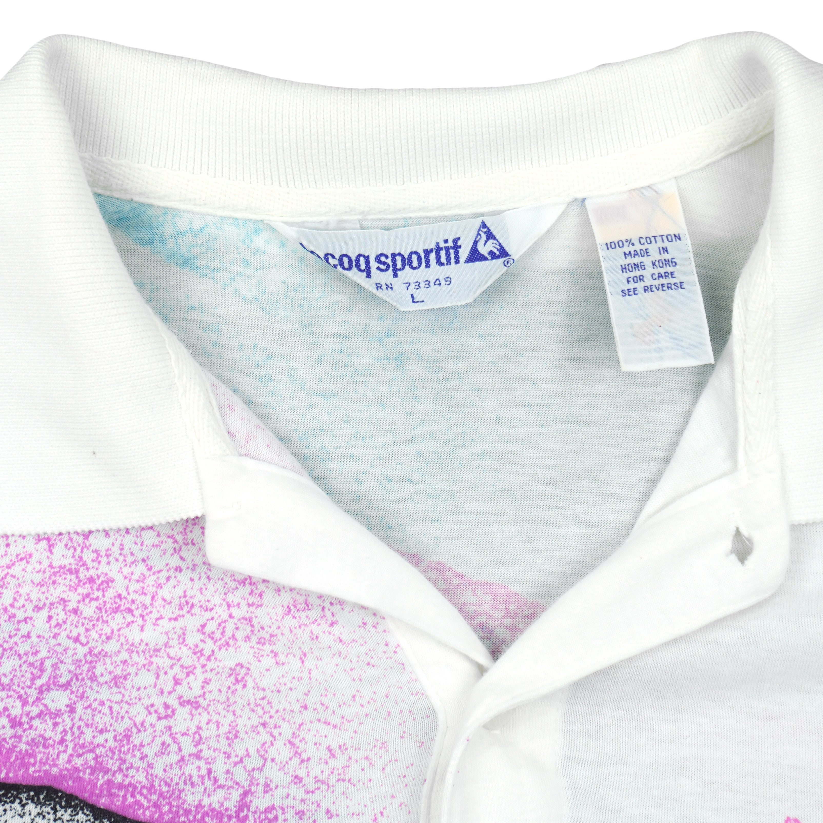 Le Coq Sportif - White Abstract Polo Shirt 1990s Large Vintage Retro