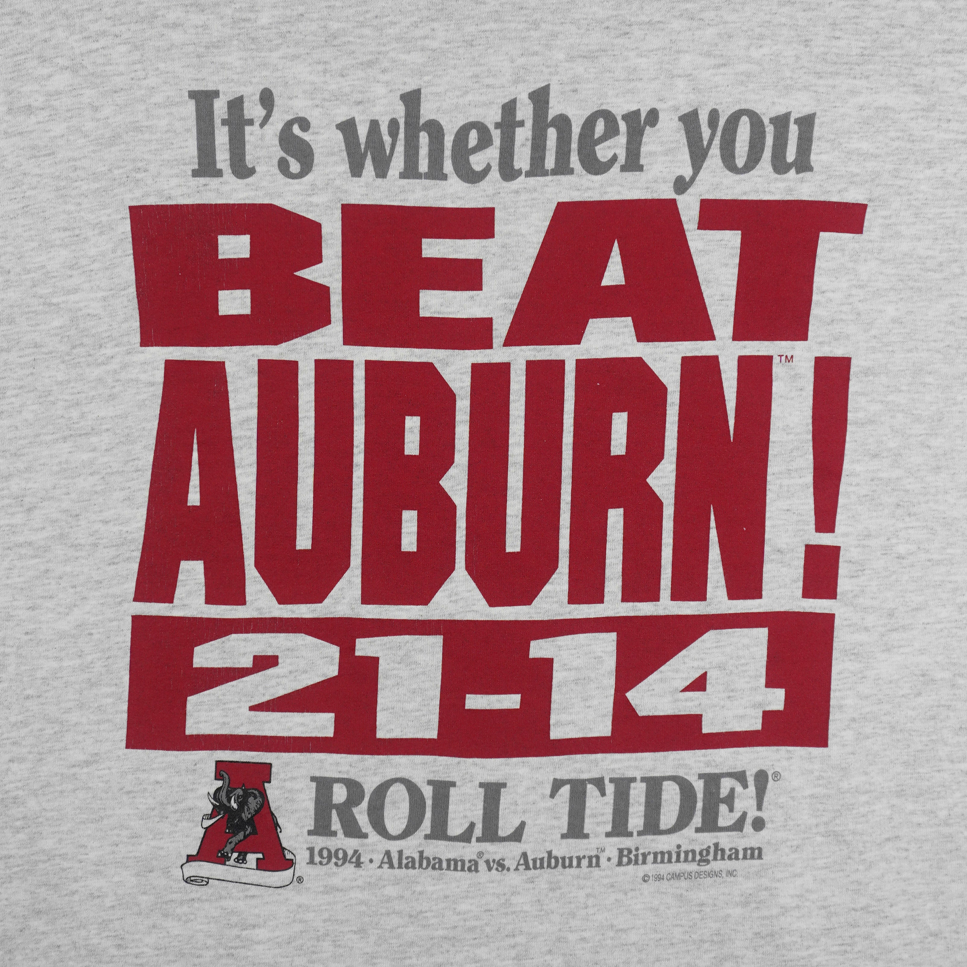 NCAA (Campus) - Alabama Crimson Tide Vs Auburn Tigers T-Shirt 1994 X-Large Vintage Retro