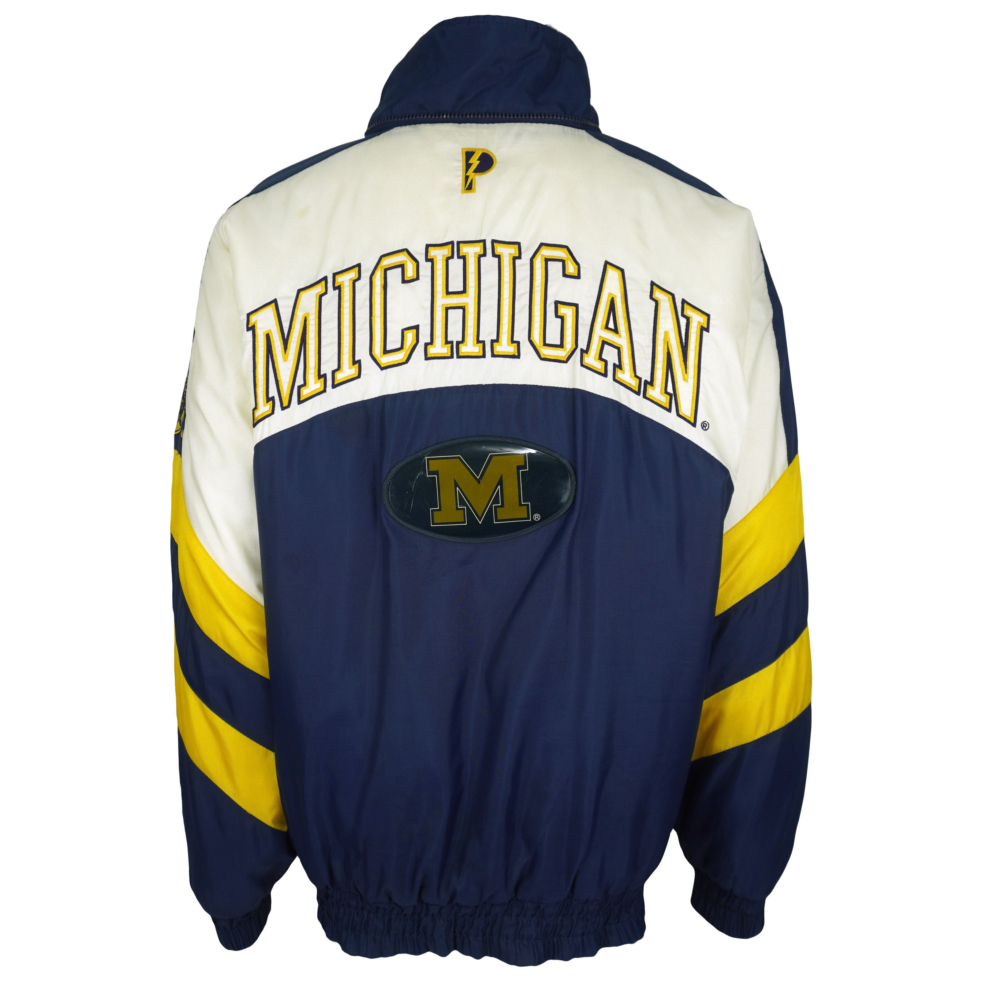Navy yellow and white Pro Player Michigan Wolverines puffer jacket back view
