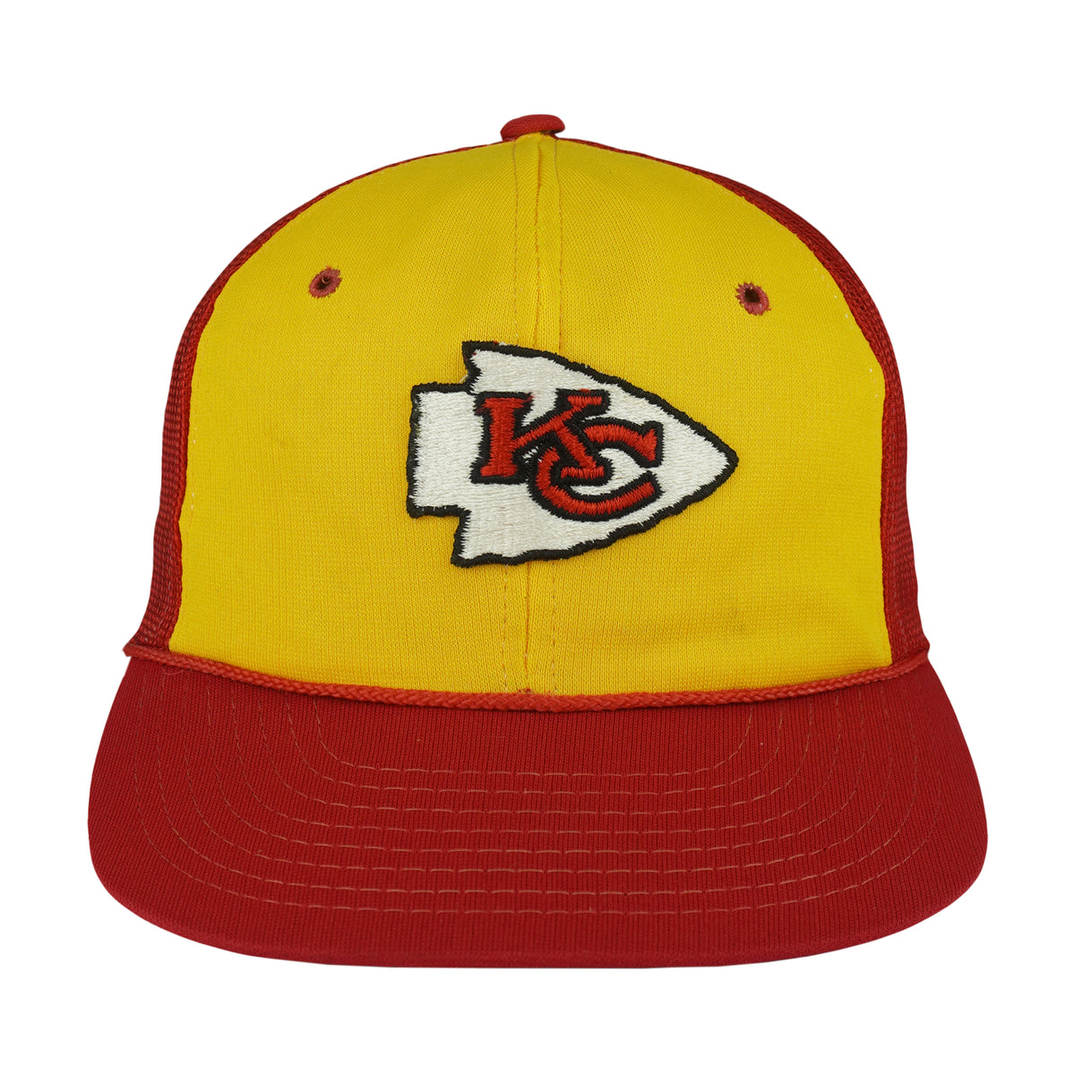 Yellow-front Chiefs hat with red brim and large arrowhead embroidery
