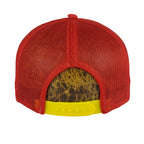 Rear red mesh panels with yellow plastic snap closure