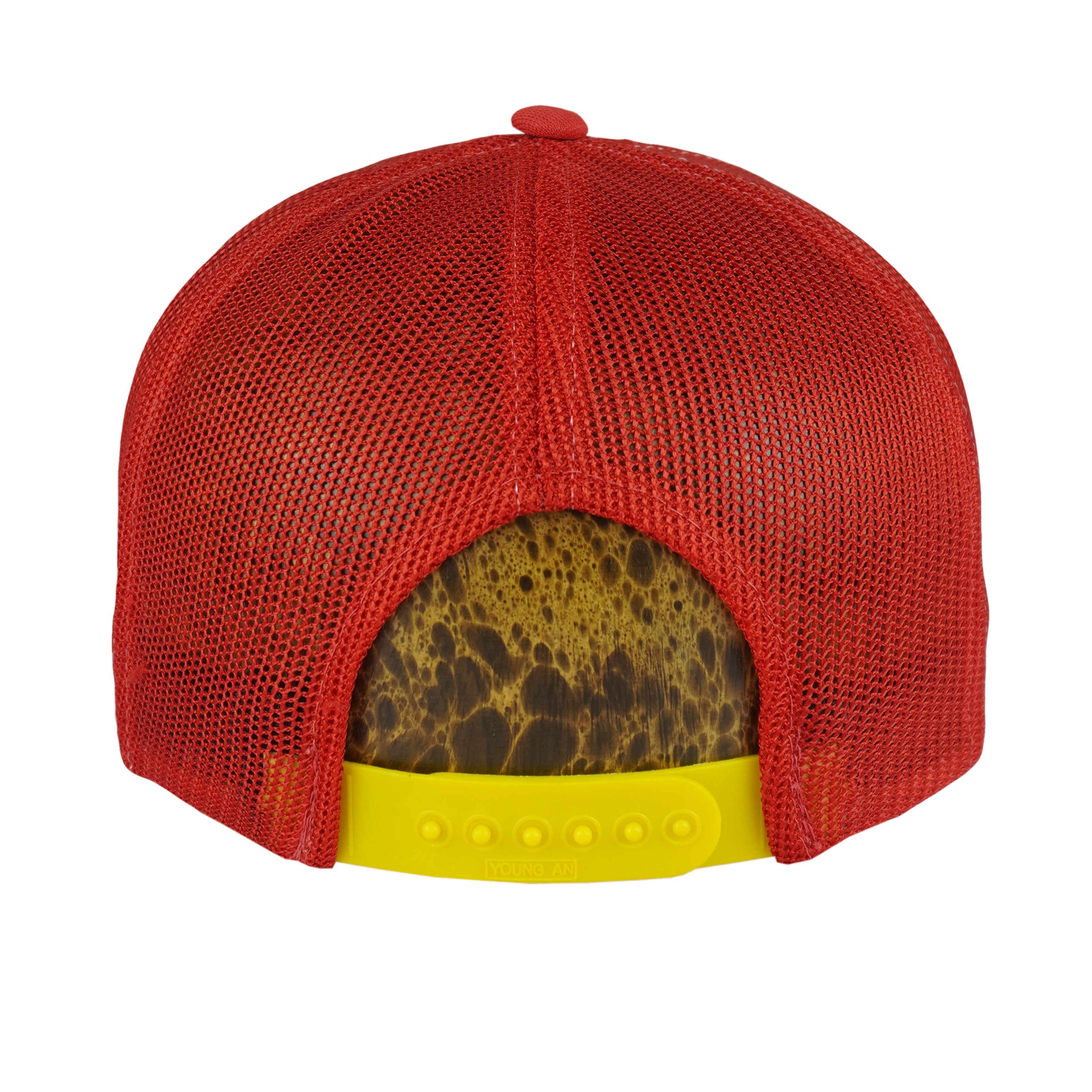Rear red mesh panels with yellow plastic snap closure