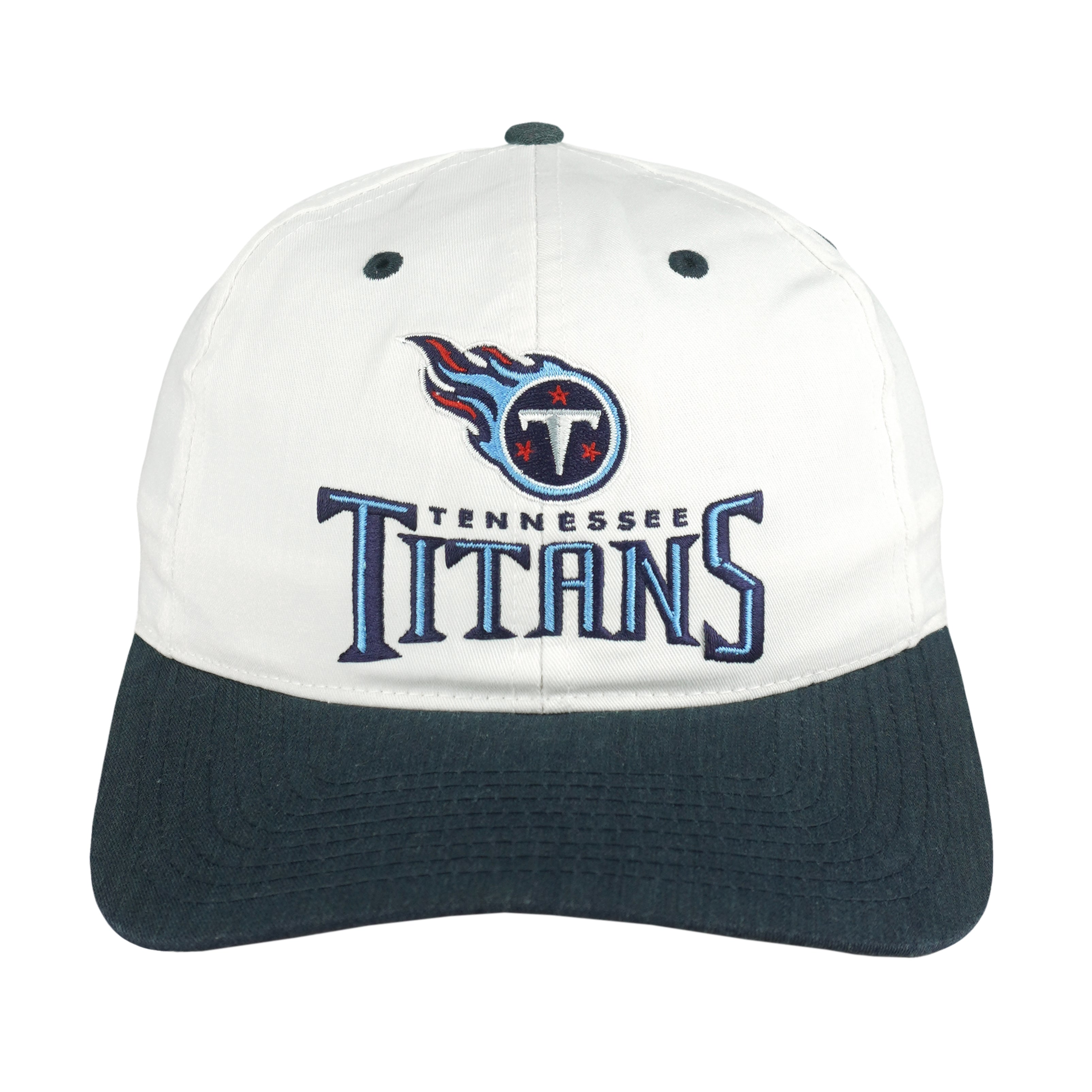White Titans hat with navy brim and embroidered team logo
