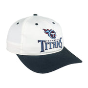 Angled view of the white crown and dark navy blue brim