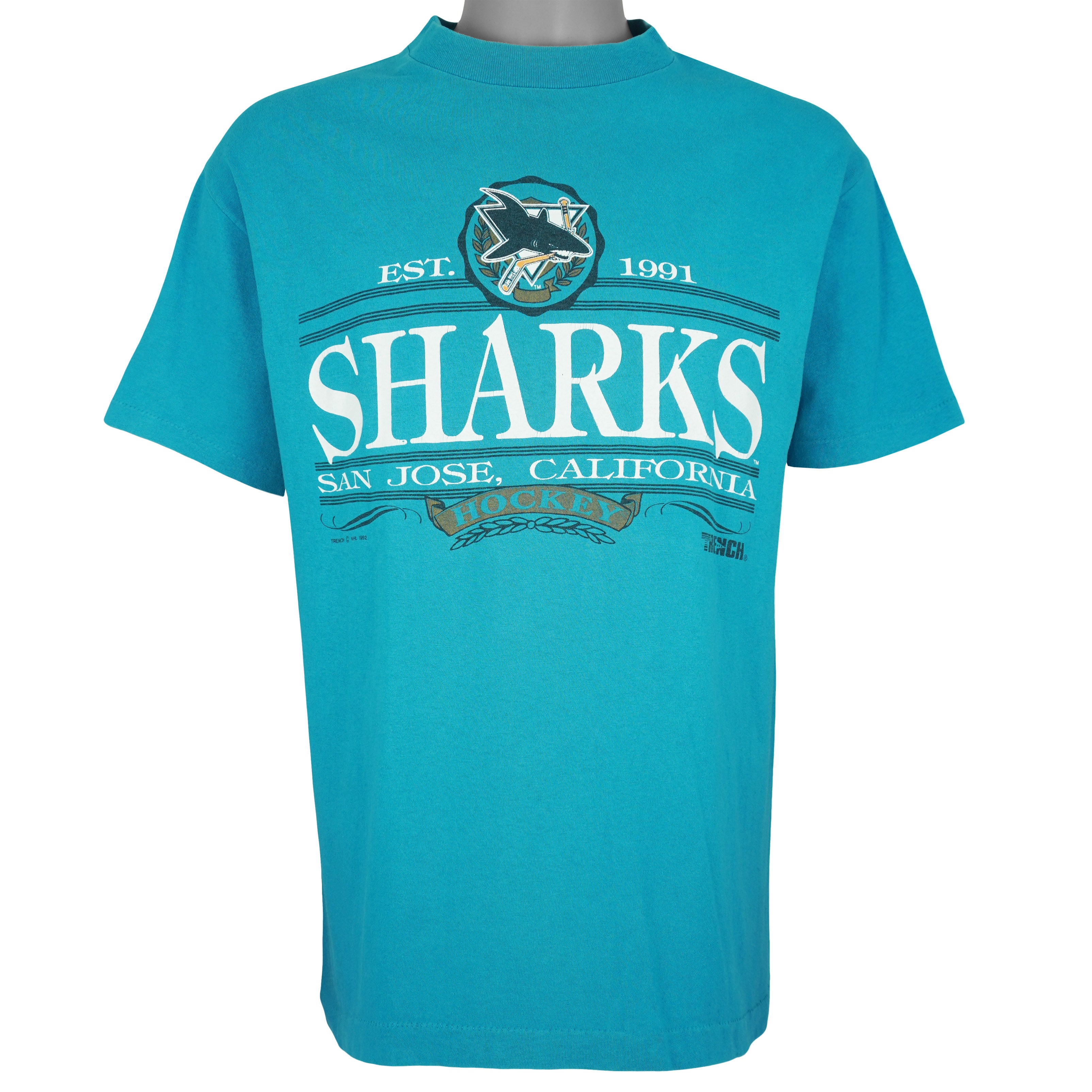 NHL (Trench) - San Jose Sharks Hockey T-Shirt 1992 Large Vintage Retro Hockey