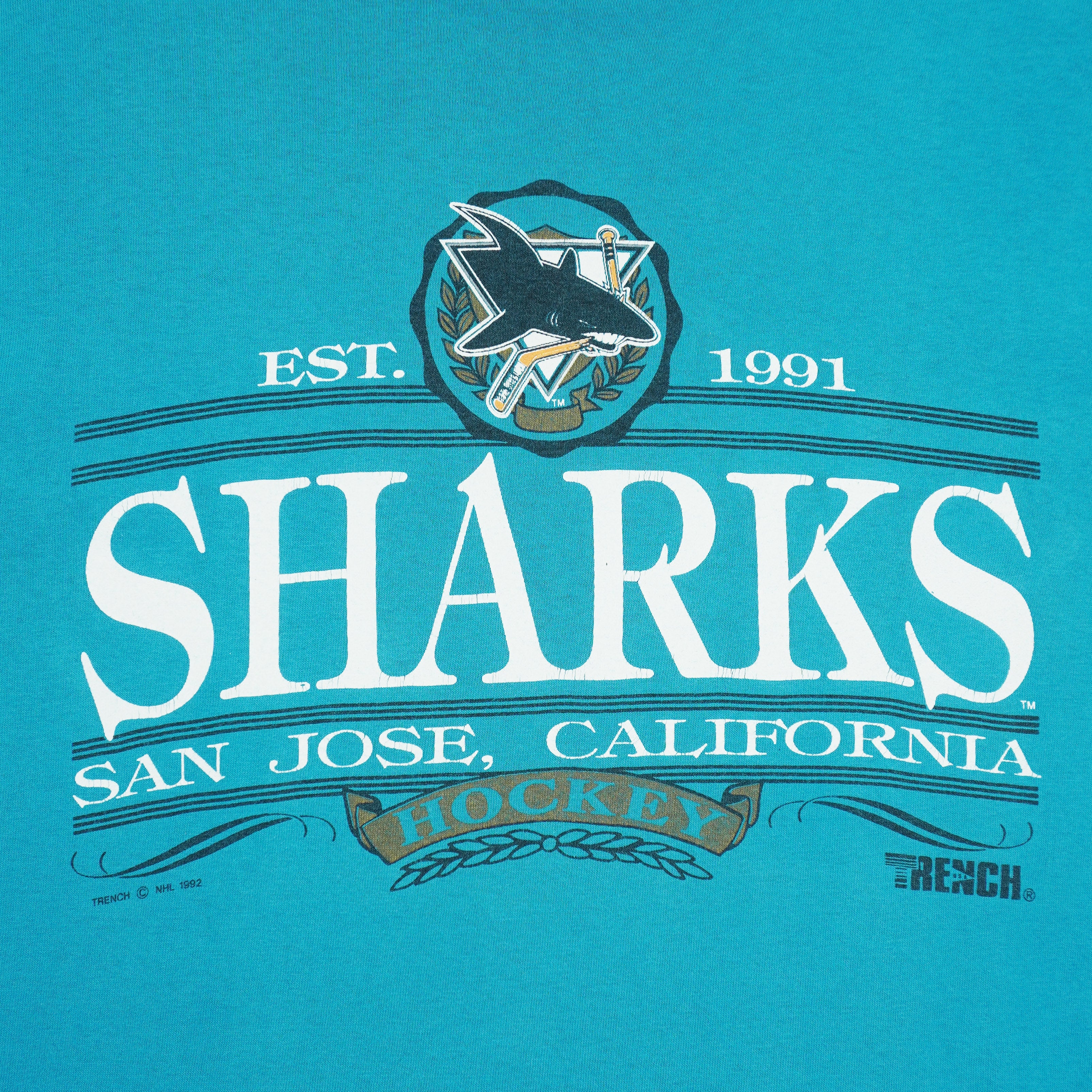 NHL (Trench) - San Jose Sharks Hockey T-Shirt 1992 Large Vintage Retro Hockey