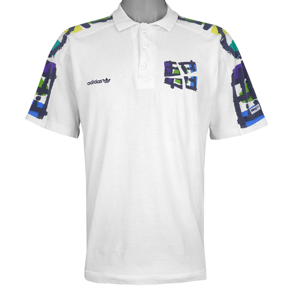 White 2000 Adidas polo shirt with multicolor abstract sleeve and shoulder panels