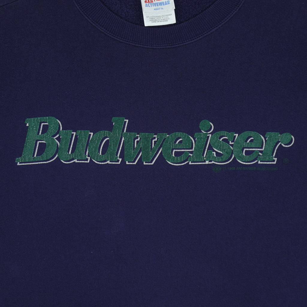 Budweiser (Hanes) - Blue Spell Out Crew Neck Sweatshirt 1993 X-Large Vintage Retro