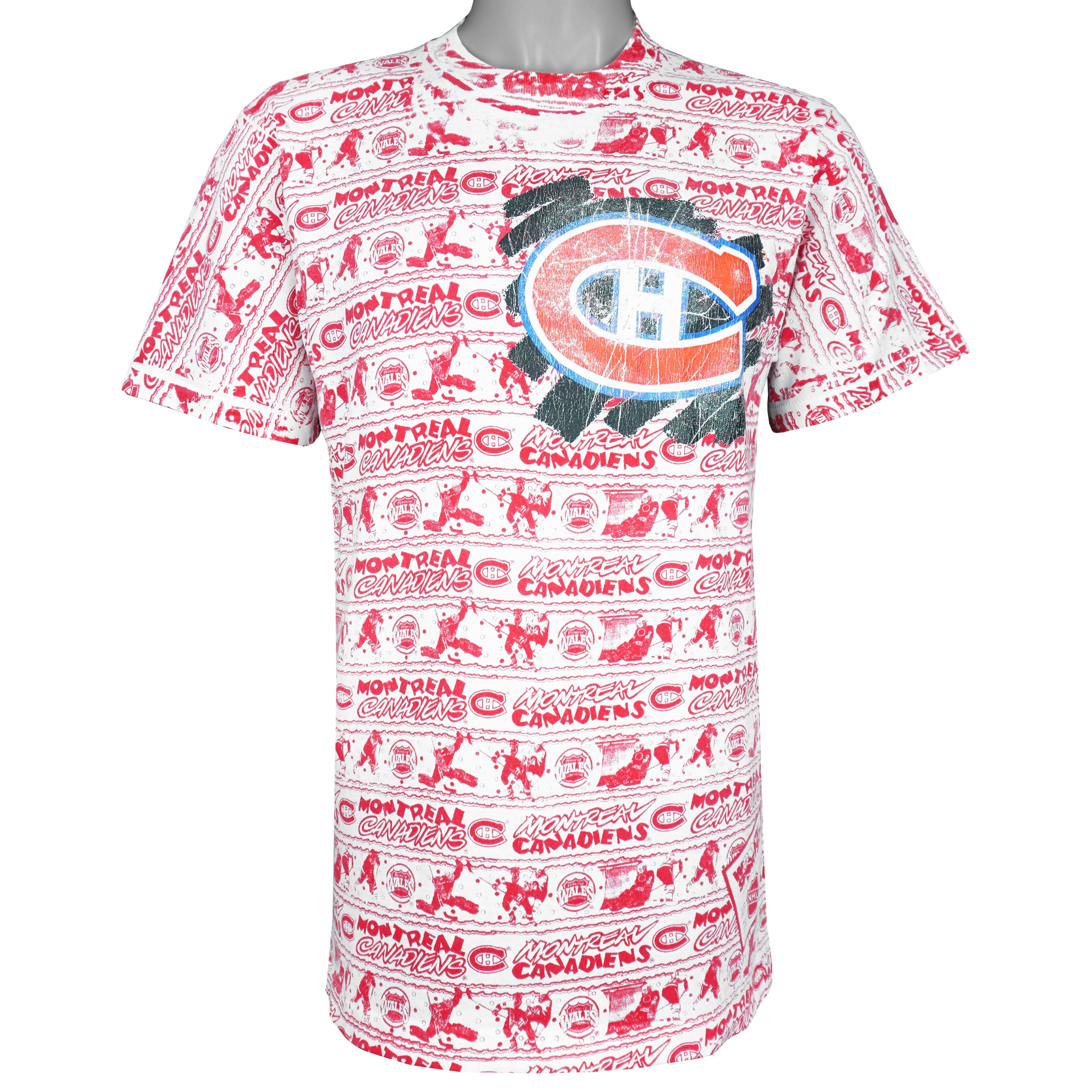 NHL (Fruit Of The Loom) - Montreal Canadiens All Over Print T-Shirt 1990s Medium Vintage Retro Hockey