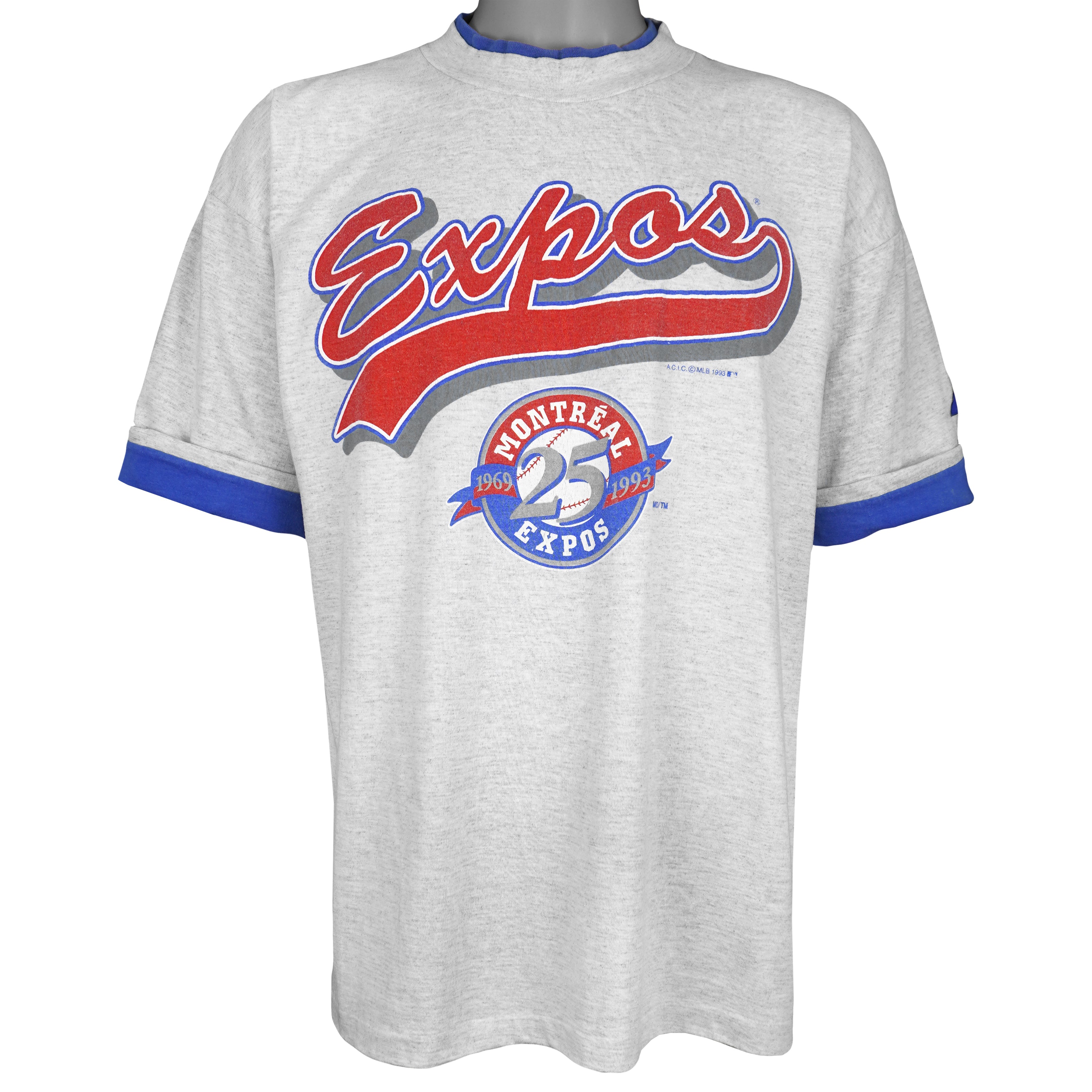 Vintage MLB (Softwear) - Montreal Expos Roll-Up Sleeve Baseball T-Shirt 1993 Large in gray and blue