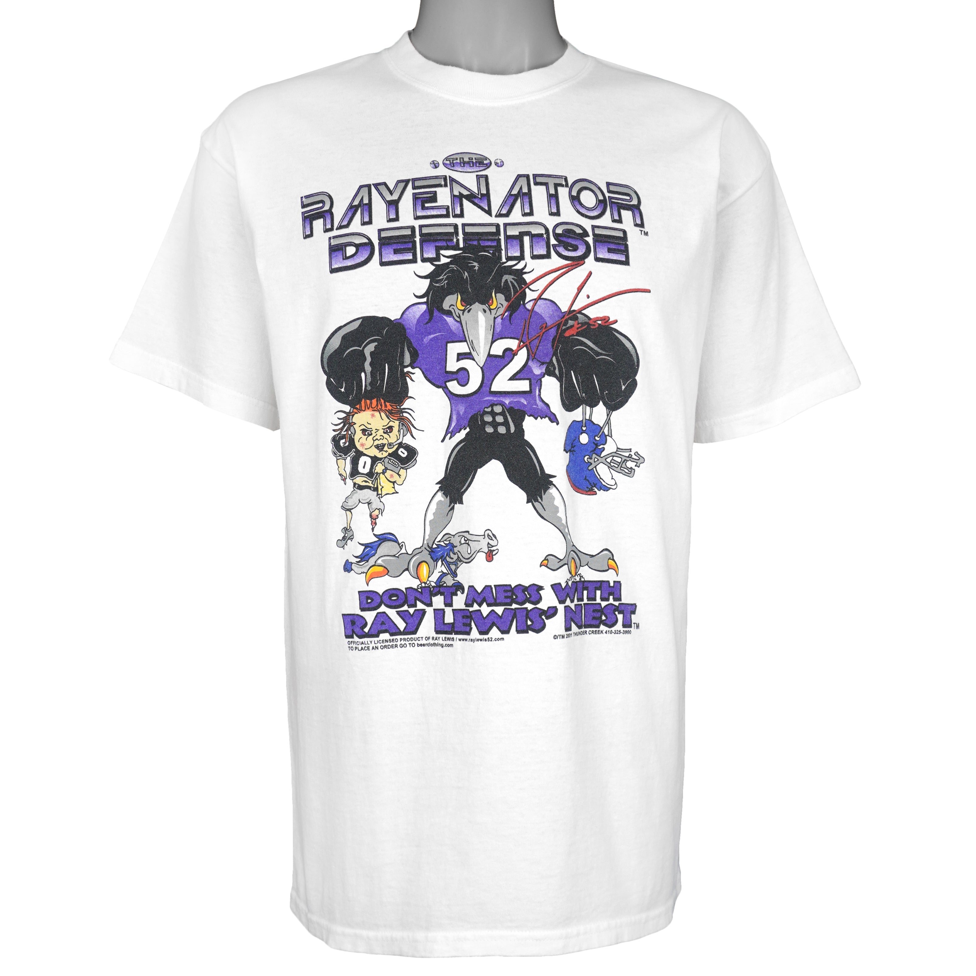 NFL (Anvil) - Baltimore Ravens Ray Lewis Rayenator Defense Spell-Out T-Shirt 2001 Large Vintage Retro Football
