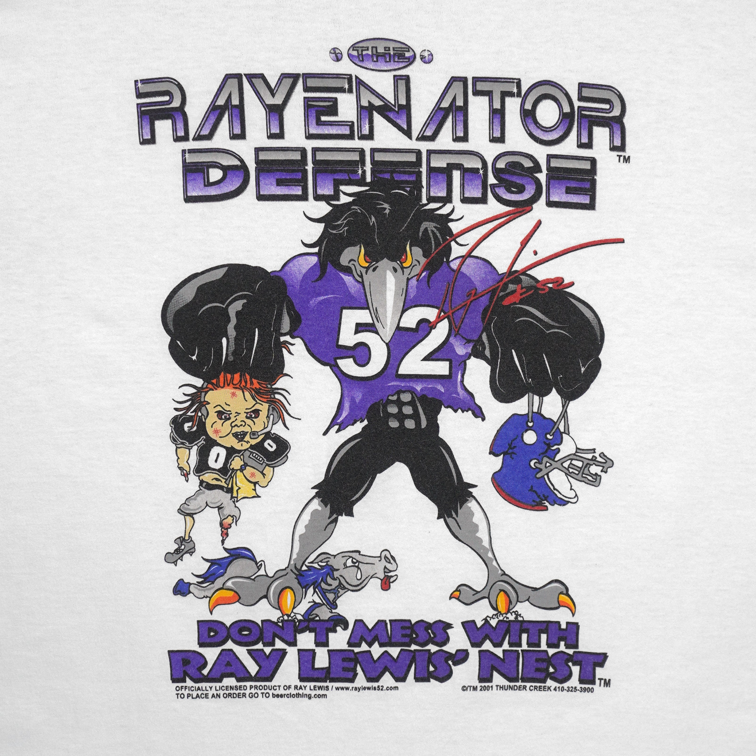 NFL (Anvil) - Baltimore Ravens Ray Lewis Rayenator Defense Spell-Out T-Shirt 2001 Large Vintage Retro Football