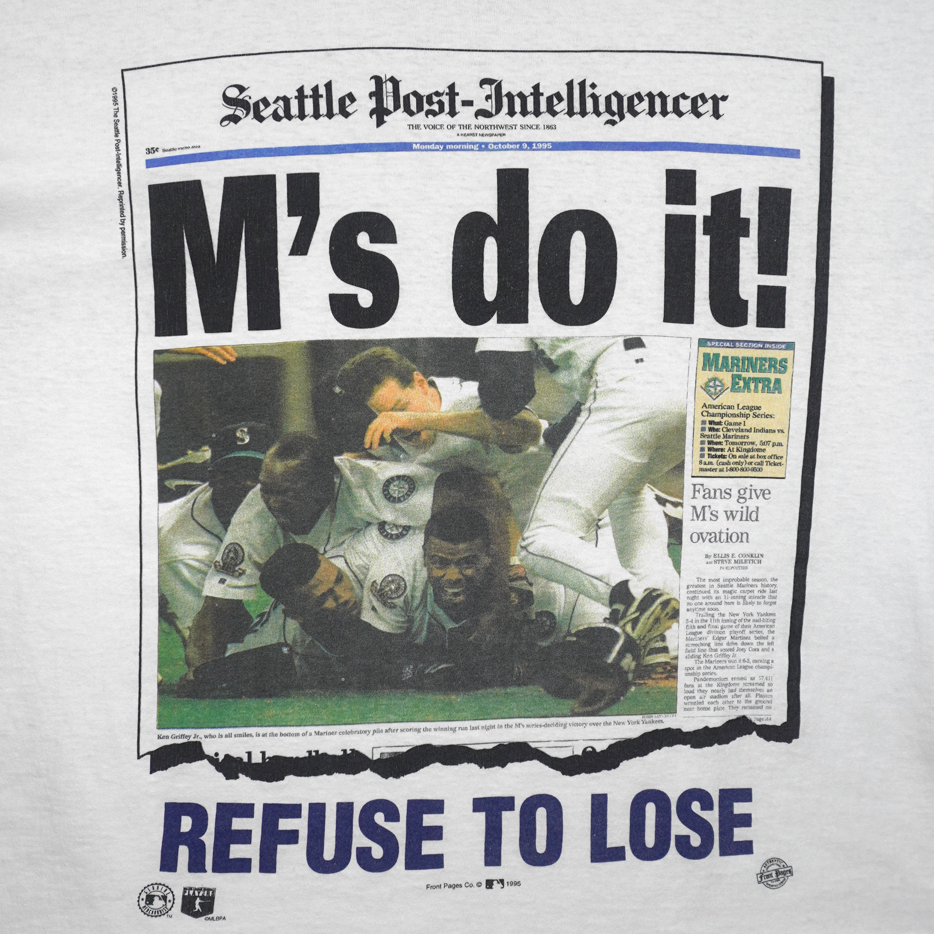 MLB (Jerzees) - Seattle Mariners Front Pages T-Shirt 1995 X-Large Vintage Retro Baseball