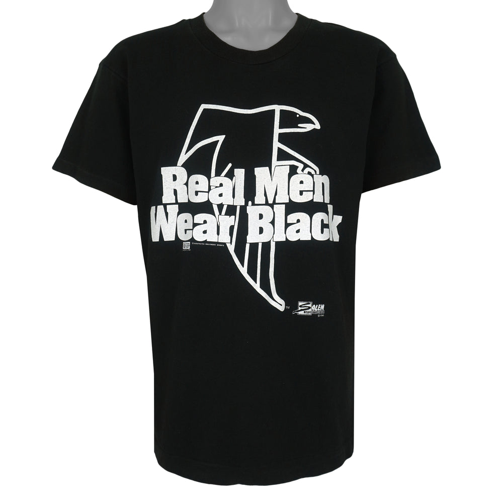 NFL (Salem) - Atlanta Falcons Real Men Wear Black T-Shirt 1990 Large Vintage Retro Football