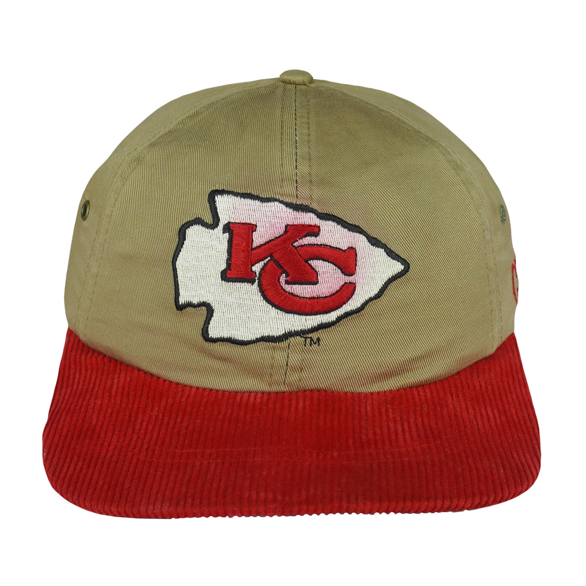 Khaki Chiefs hat with red corduroy brim and arrowhead embroidery