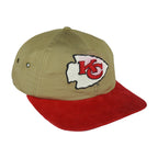 Angled view of the khaki crown and ribbed red brim