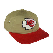 Angled view of the khaki crown and ribbed red brim