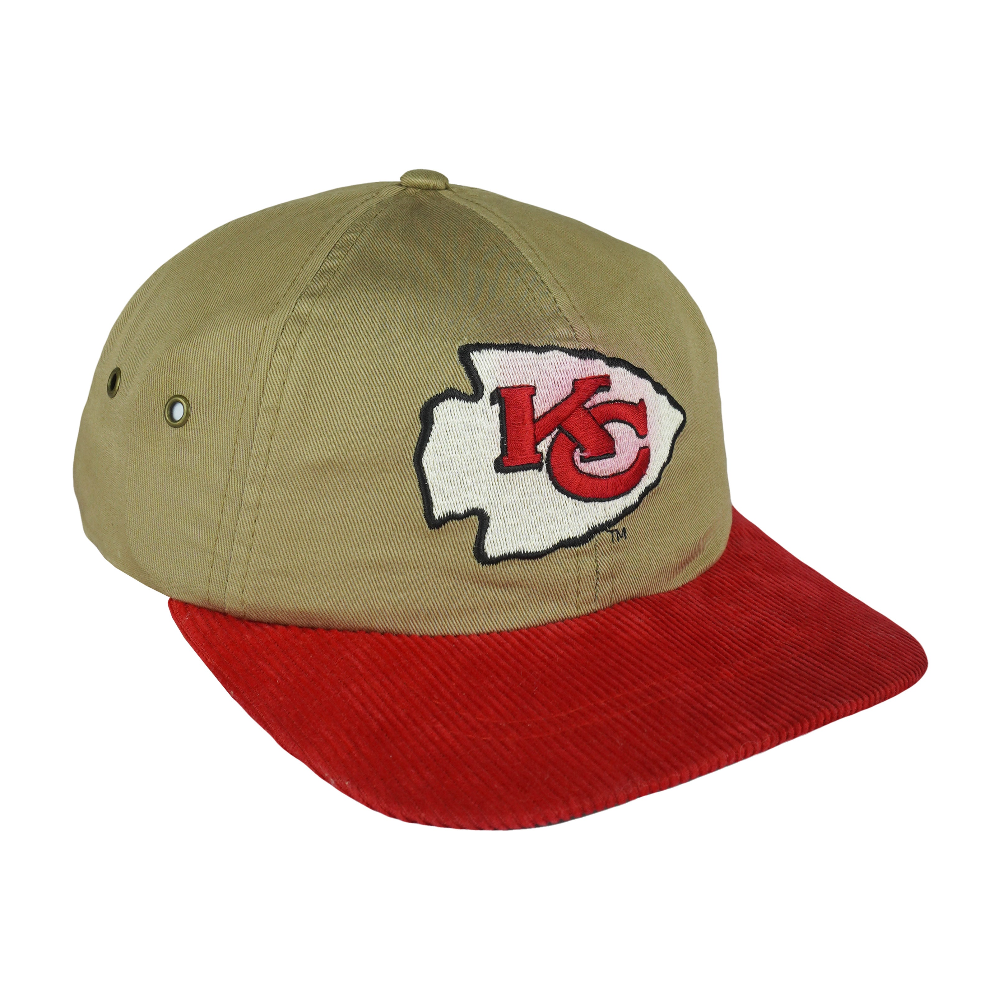 Angled view of the khaki crown and ribbed red brim