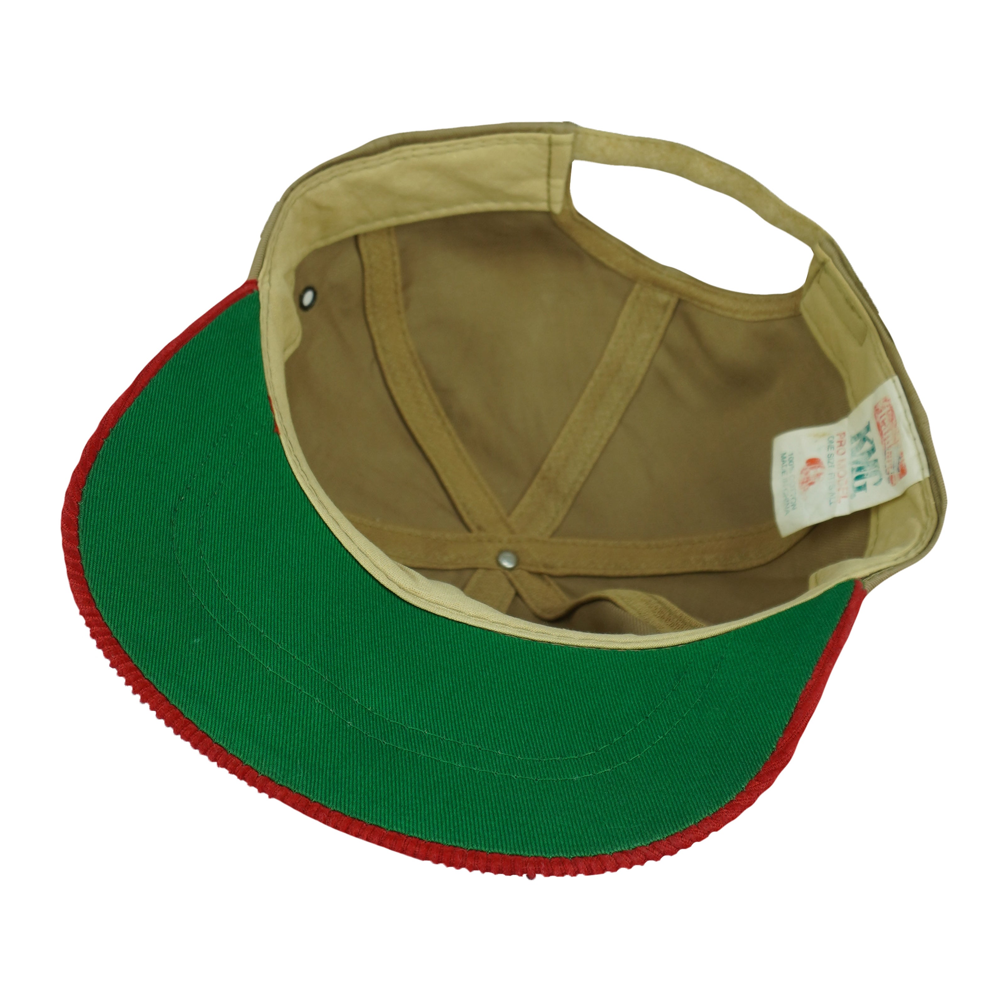 Interior sweatband and green underside of the red corduroy brim